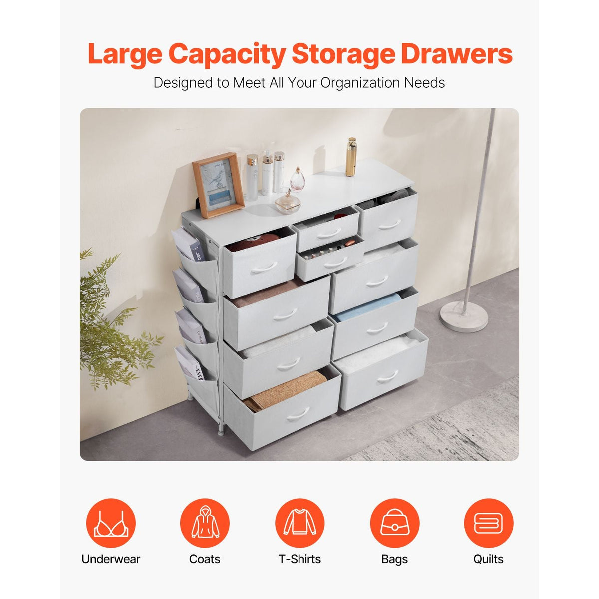 10 Drawer Dresser, Fabric Drawer Dresser with Fabric Bins, Closet Storage Drawers with Easy Pull Handle and Sturdy Steel Frame, Fabric Storage Tower for Bedroom, Hallway, Closet, Nursery, White