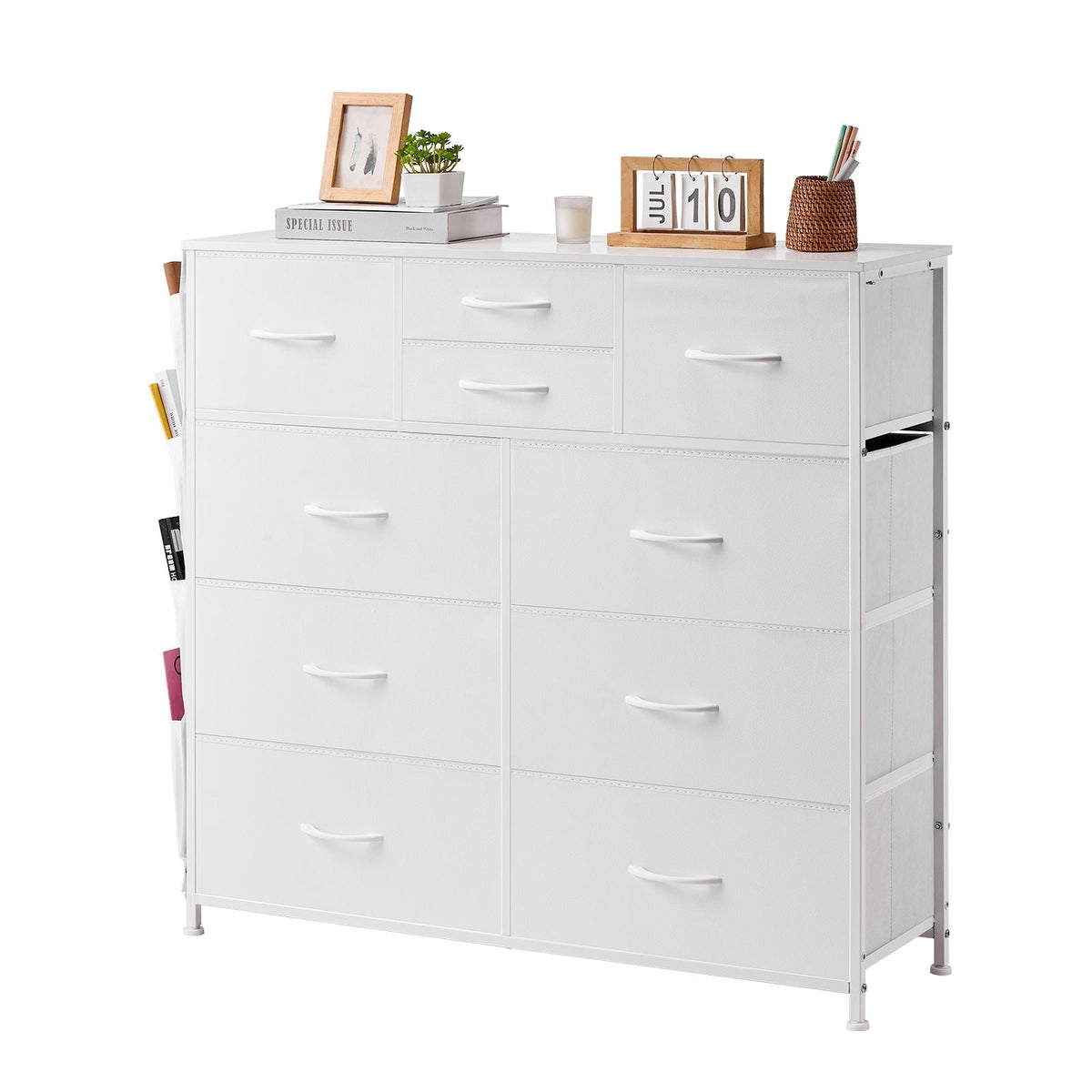 10 Drawer Dresser, Fabric Drawer Dresser with Fabric Bins, Closet Storage Drawers with Easy Pull Handle and Sturdy Steel Frame, Fabric Storage Tower for Bedroom, Hallway, Closet, Nursery, White