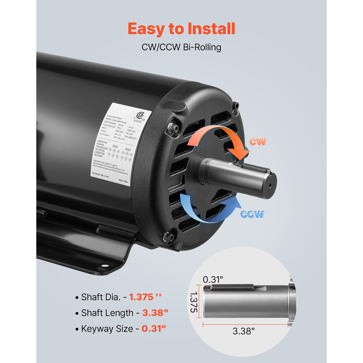 10 HP Electric Motor, 1770RPM Air Compressor Motor, CW/CCW Rotation, 1.375 inch Shaft Diameter, 3.88inch Shaft Length, 40N.m Torque, Three-Phase, 230V/460V, ODP Cooling, 215T Frame