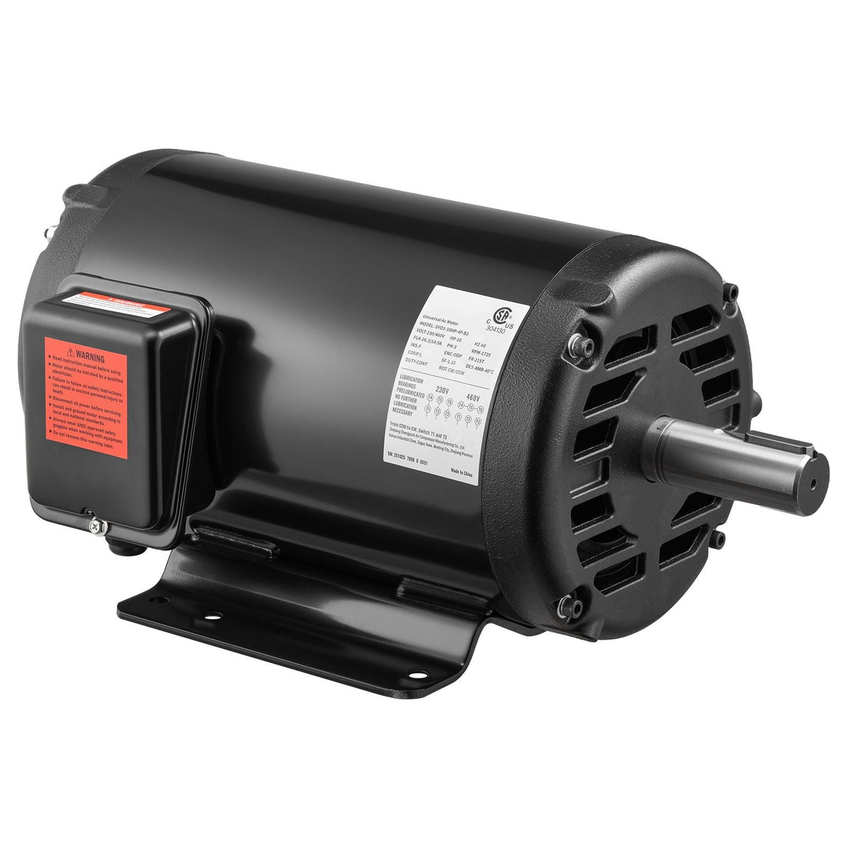 10 HP Electric Motor, 1770RPM Air Compressor Motor, CW/CCW Rotation, 1.375 inch Shaft Diameter, 3.88inch Shaft Length, 40N.m Torque, Three-Phase, 230V/460V, ODP Cooling, 215T Frame