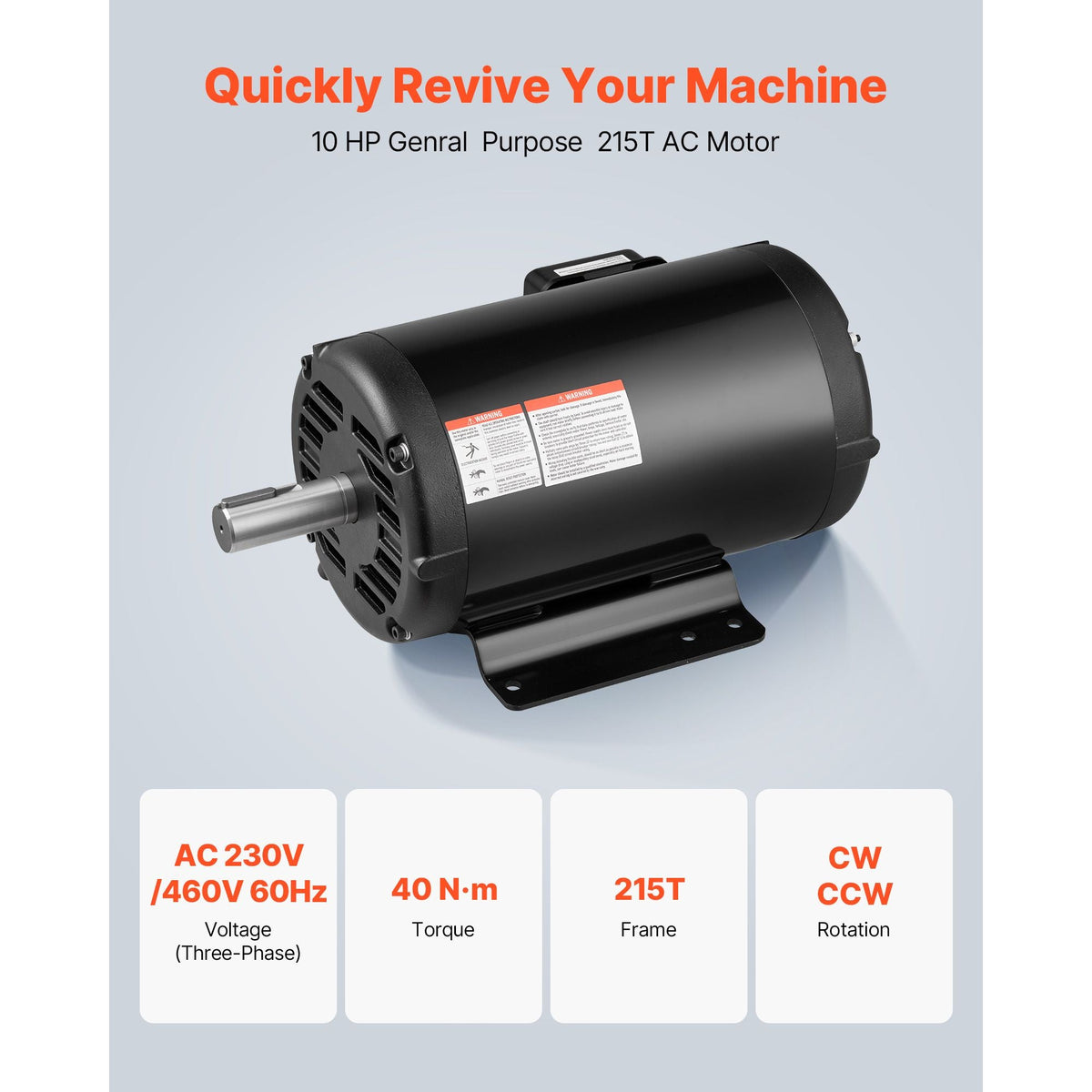 10 HP Electric Motor, 1770RPM Air Compressor Motor, CW/CCW Rotation, 1.375 inch Shaft Diameter, 3.88inch Shaft Length, 40N.m Torque, Three-Phase, 230V/460V, ODP Cooling, 215T Frame