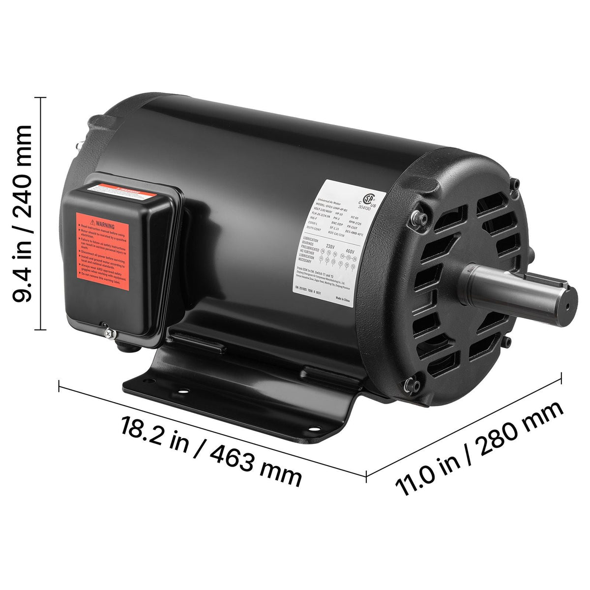 10 HP Electric Motor, 1770RPM Air Compressor Motor, CW/CCW Rotation, 1.375 inch Shaft Diameter, 3.88inch Shaft Length, 40N.m Torque, Three-Phase, 230V/460V, ODP Cooling, 215T Frame