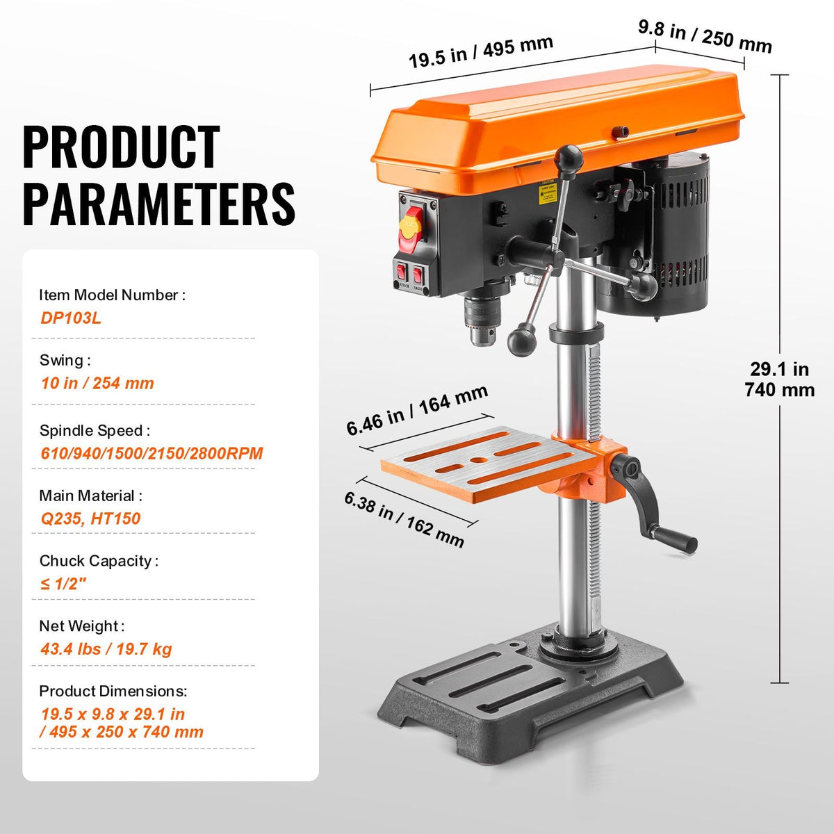10 in Benchtop Drill Press, 6.2A Induction Motor, Tabletop Drilling Machine with 650 / 1050 / 1800 / 2350 / 3100 RPM Adjustable Speed, 0-45° Tilting Worktable, LED Work Light, for Wood Metal