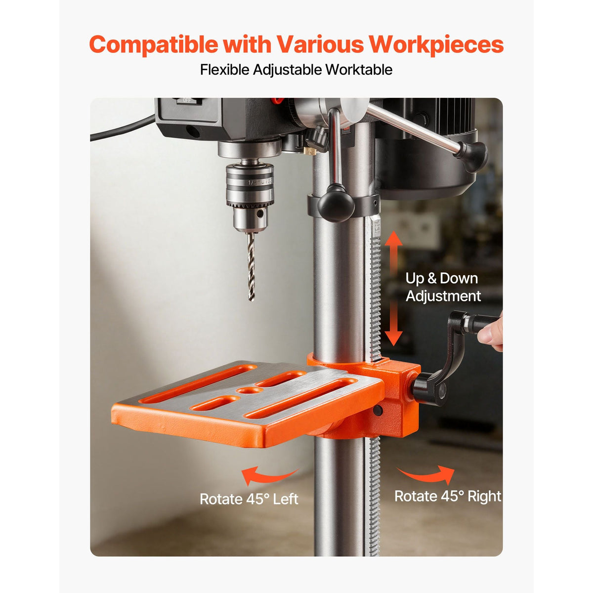 10-Inch Benchtop Drill Press, 5 Amp, 0.8 HP 600W Bench Drill Press, 530-3140 RPM Variable Speed, 0-45° Tilting Worktable, with Laser and LED Work Light, Tabletop Drilling Machine, for Wood Metal