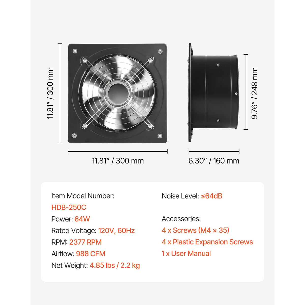 10 Inch Exhaust Fan, 988 CFM High Velocity Wall Mount Vent Fan with On/Off Control, Low Consumption, Portable Ventilation Extractor for Attic,Garage,Basement,Workshop,Kitchen, Chicken Coop,Black