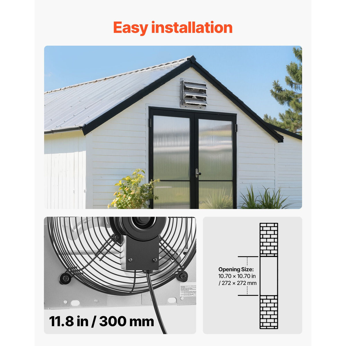 10 Inch Shutter Exhaust Fan Wall Mounted 874 CFM Automatic Louvers, Sturdy Steel Housing, Low Noise, AC Motor, Ventilation and Cooling for Attic, Garage, Barn, Greenhouse, Workshop, Silver