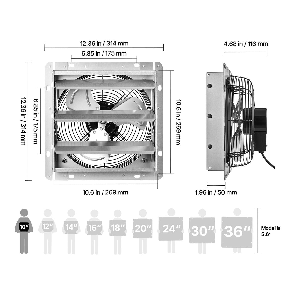 10 Inch Shutter Exhaust Fan Wall Mounted 874 CFM Automatic Louvers, Sturdy Steel Housing, Low Noise, AC Motor, Ventilation and Cooling for Attic, Garage, Barn, Greenhouse, Workshop, Silver