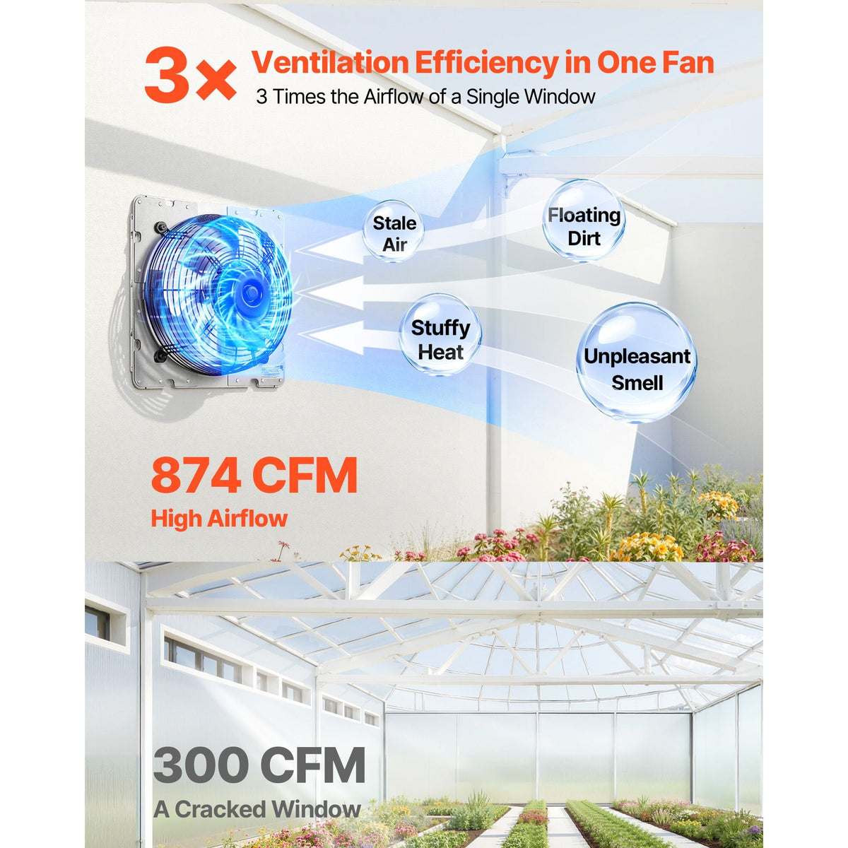 10 Inch Shutter Exhaust Fan Wall Mounted 874 CFM Automatic Louvers, Sturdy Steel Housing, Low Noise, AC Motor, Ventilation and Cooling for Attic, Garage, Barn, Greenhouse, Workshop, Silver