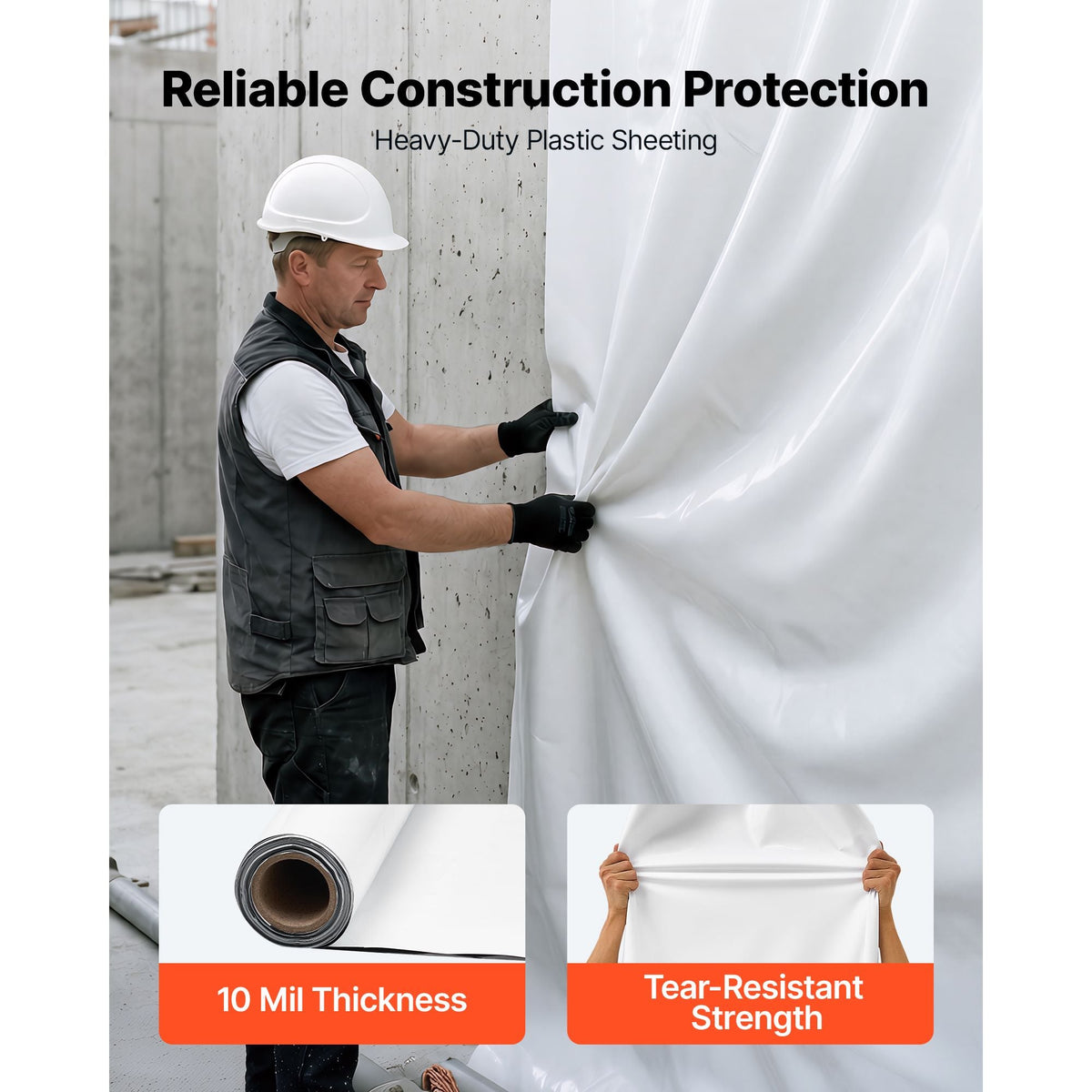 10 Mil Plastic Sheeting 6' x 50' Heavy Duty Thick Polyethylene Roll, Plastic Drop Cloth Painters Tarp, Polyethylene Covering for Crawl Space Vapor Barrier, Weed Control, Garden, Black & White