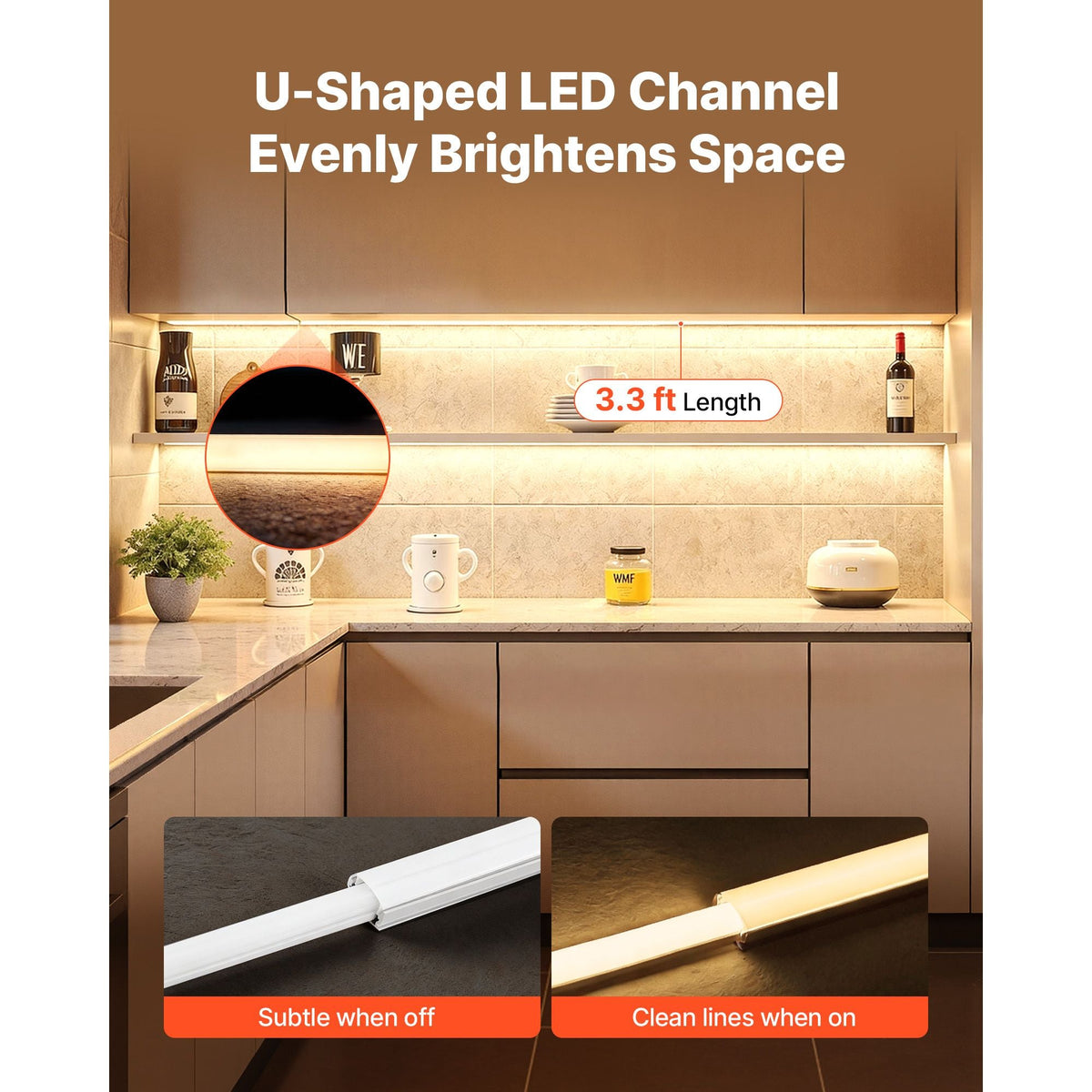10-Pack 3.3 ft/1M U Shape LED Aluminum Channel, with Milky Cover, End Caps and Mounting Clips, Aluminum Profile for LED Strip Light Installations, Easy Installation, for Under Cabinet Counter