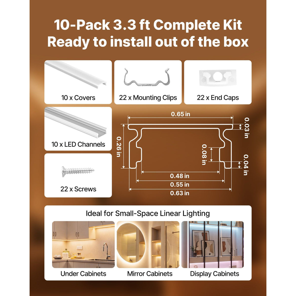 10-Pack 3.3 ft/1M U Shape LED Aluminum Channel, with Milky Cover, End Caps and Mounting Clips, Aluminum Profile for LED Strip Light Installations, Easy Installation, for Under Cabinet Counter