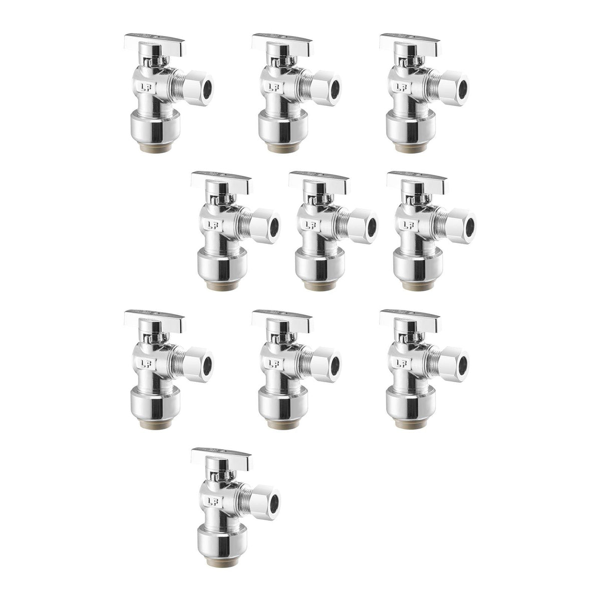 10 Pack Angle Stop Valve, Push-to-Connect Water Shut Off Valve 1/2" PTC x 3/8" OD Compression, 1/4 Turn Chrome Plated Brass Shutoff Valves for Copper, CPVC, PE-RT, PEX Pipe