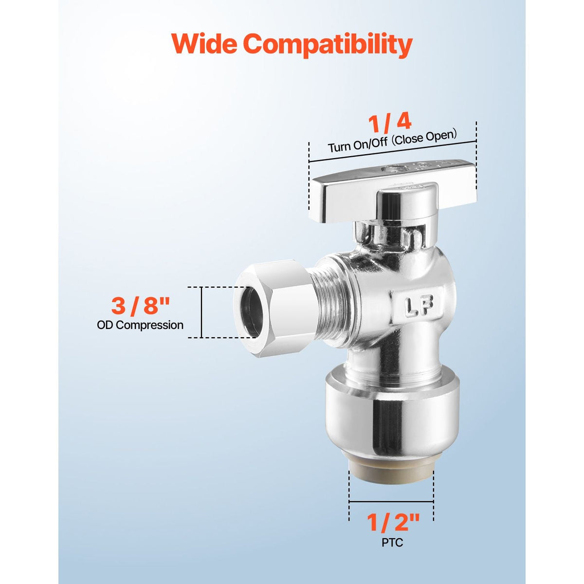 10 Pack Angle Stop Valve, Push-to-Connect Water Shut Off Valve 1/2" PTC x 3/8" OD Compression, 1/4 Turn Chrome Plated Brass Shutoff Valves for Copper, CPVC, PE-RT, PEX Pipe