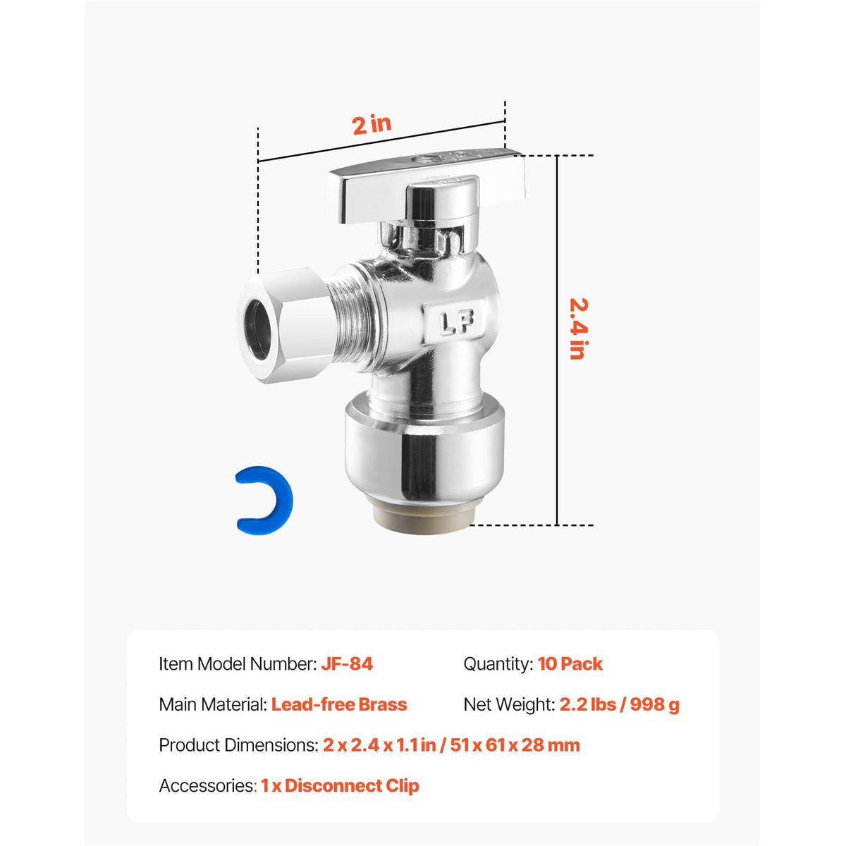 10 Pack Angle Stop Valve, Push-to-Connect Water Shut Off Valve 1/2" PTC x 3/8" OD Compression, 1/4 Turn Chrome Plated Brass Shutoff Valves for Copper, CPVC, PE-RT, PEX Pipe