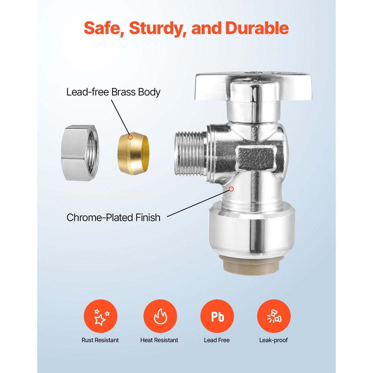 10 Pack Angle Stop Valve, Push-to-Connect Water Shut Off Valve 1/2" PTC x 3/8" OD Compression, 1/4 Turn Chrome Plated Brass Shutoff Valves for Copper, CPVC, PE-RT, PEX Pipe