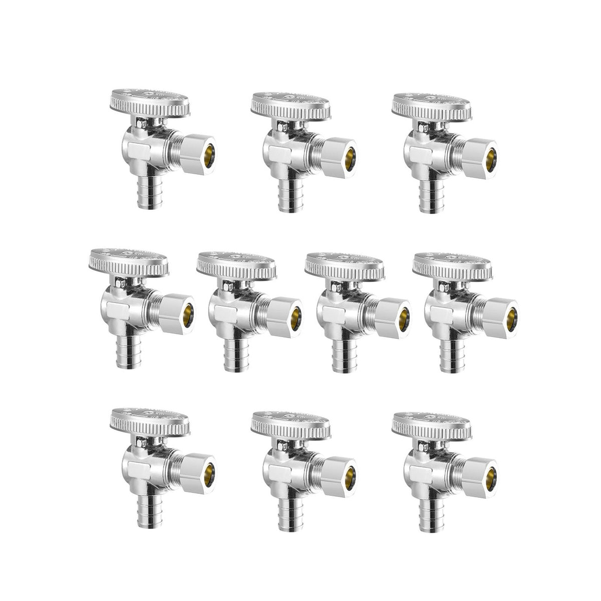 10 Pack Angle Stop Valve, Water Shut Off Valve 1/2" PEX x 3/8" OD Compression, 1/4 Turn Chrome Plated Brass Shutoff Valves for Bathroom Kitchen Toilet Shower Plumbing