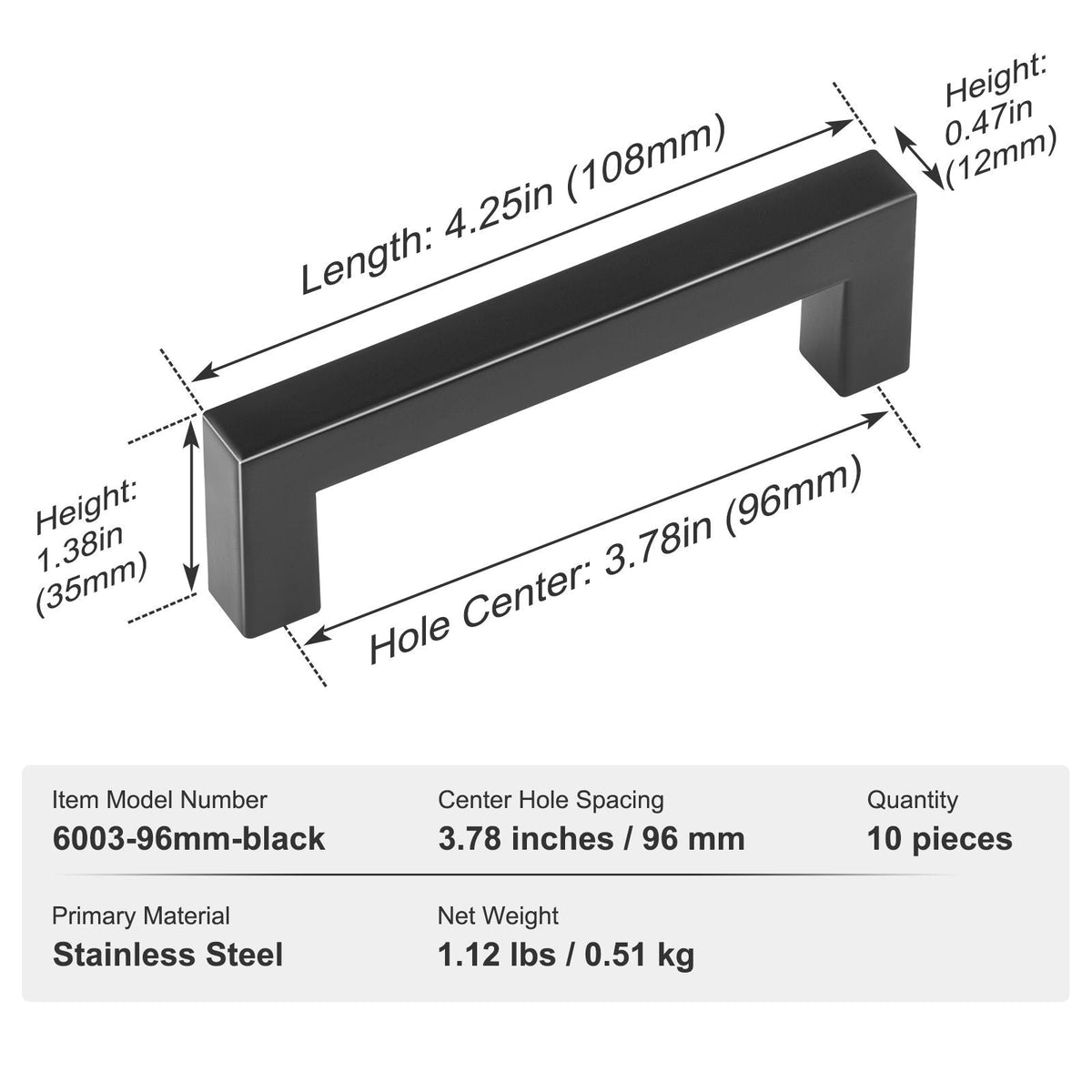 10 Pack Cabinet Pulls, 3.86in / 96mm Center to Center Slim Square Kitchen Cabinet Drawer, Stainless Steel Modern Kitchen Cupboard Door Handles for Kitchen Bathroom Bar Hardware Matte Black