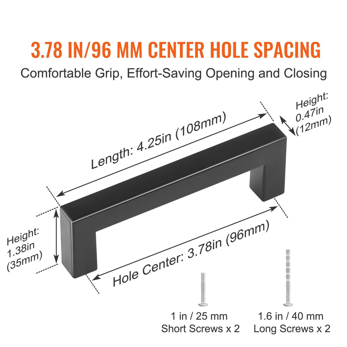 10 Pack Cabinet Pulls, 3.86in / 96mm Center to Center Slim Square Kitchen Cabinet Drawer, Stainless Steel Modern Kitchen Cupboard Door Handles for Kitchen Bathroom Bar Hardware Matte Black
