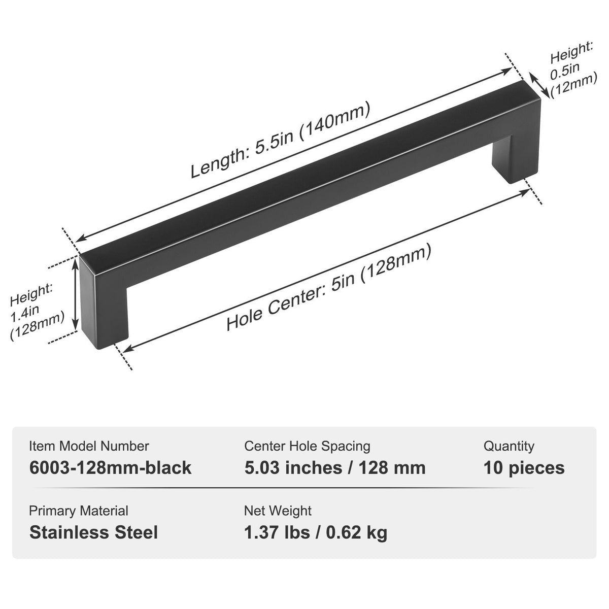 10 Pack Cabinet Pulls, 5.03in / 128mm Center to Center Slim Square Kitchen Cabinet Drawer, Stainless Steel Modern Kitchen Cupboard Door Handles for Kitchen Bathroom Bar Hardware Matte Black