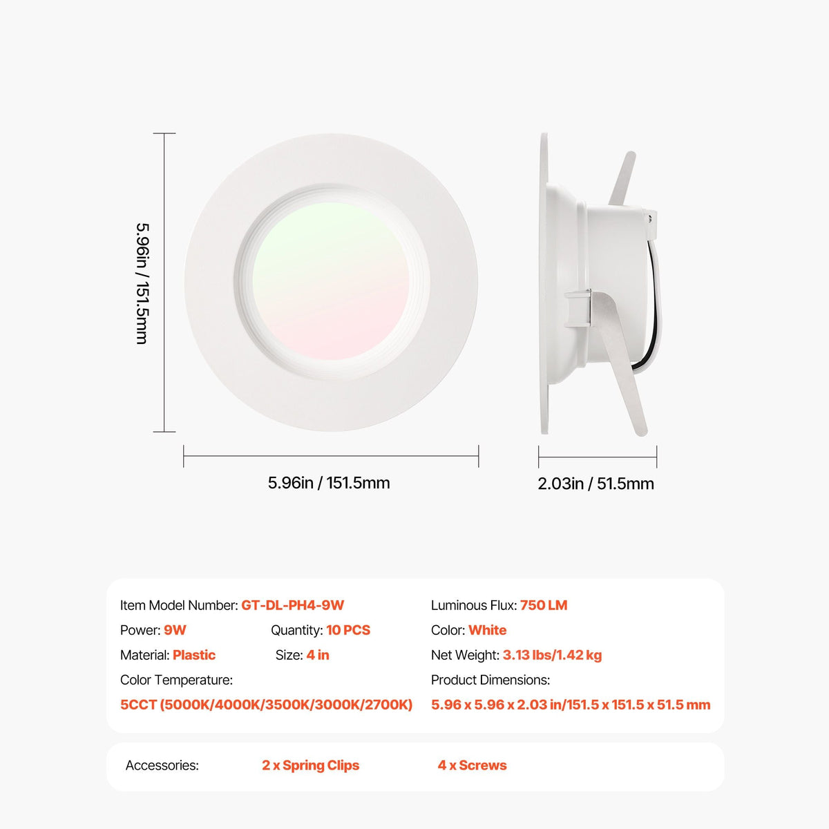 10 Pack LED Recessed Lighting, 4 Inches, Retrofit Can Lights, 750 LM 9W 120V, Selectable 5CCT 2700K/3000K/3500K/4000K/5000K, 10% to 100% Dimmable, Compatible with E26 Base and TP24 Connector