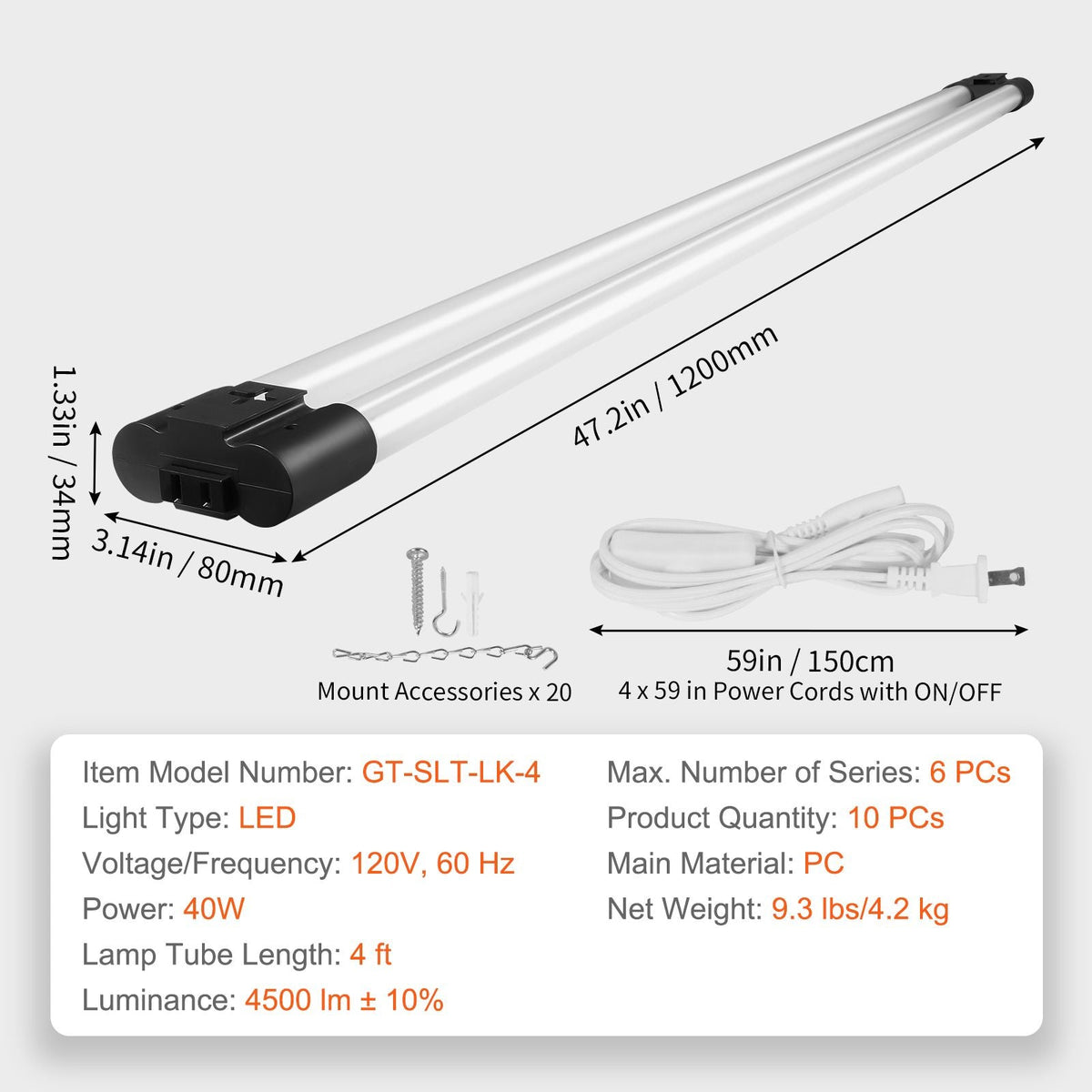10 Pack LED Shop Light, 4 FT, 40W Linkable Shop Light Fixture, 4500 LM Surface & Hanging Mount Ceiling Lights 59 in Power Cords with ON/OFF Switch, for Garage Warehouse Home Workshop and Office