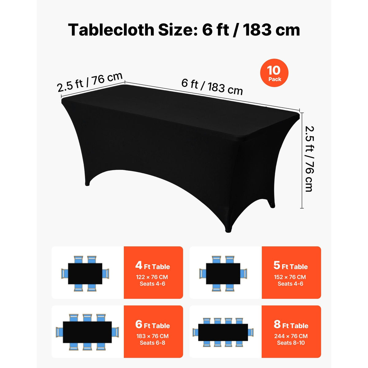 10 Pack Table Cloth for 6FT Rectangular Fitted Events, Wrinkle-Resistant Stretch Black Table Covers, Washable Spandex Tablecloth Protector, for Party, Wedding, Cocktail, Banquet, Festival