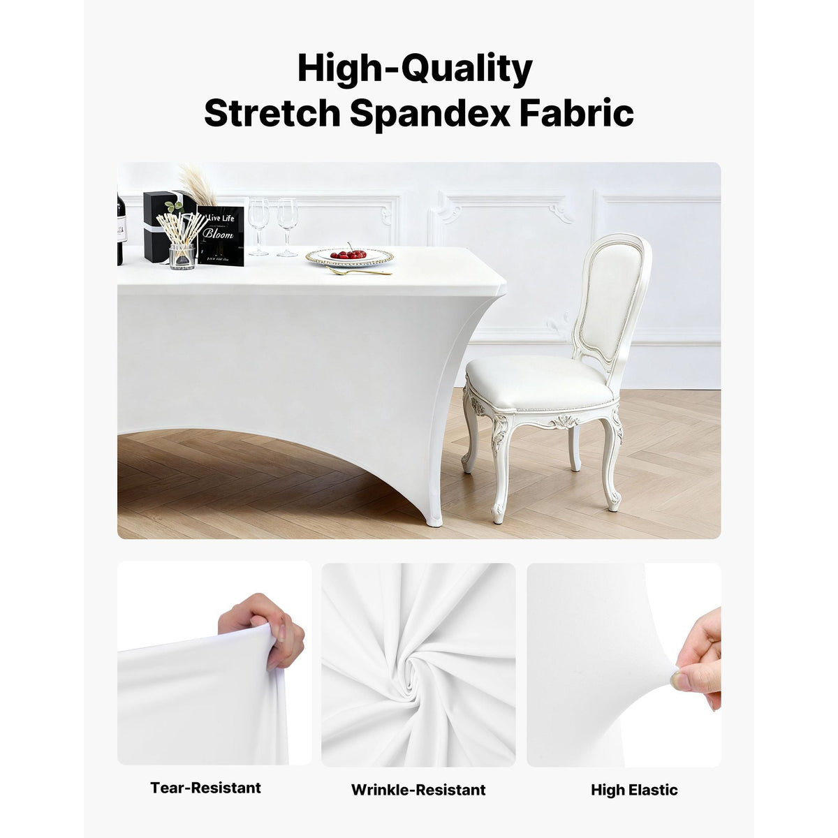 10 Pack Table Cloth for 6FT Rectangular Fitted Events, Wrinkle-Resistant Stretch White Table Covers, Washable Spandex Tablecloth Protector, for Party, Wedding, Cocktail, Banquet, Festival