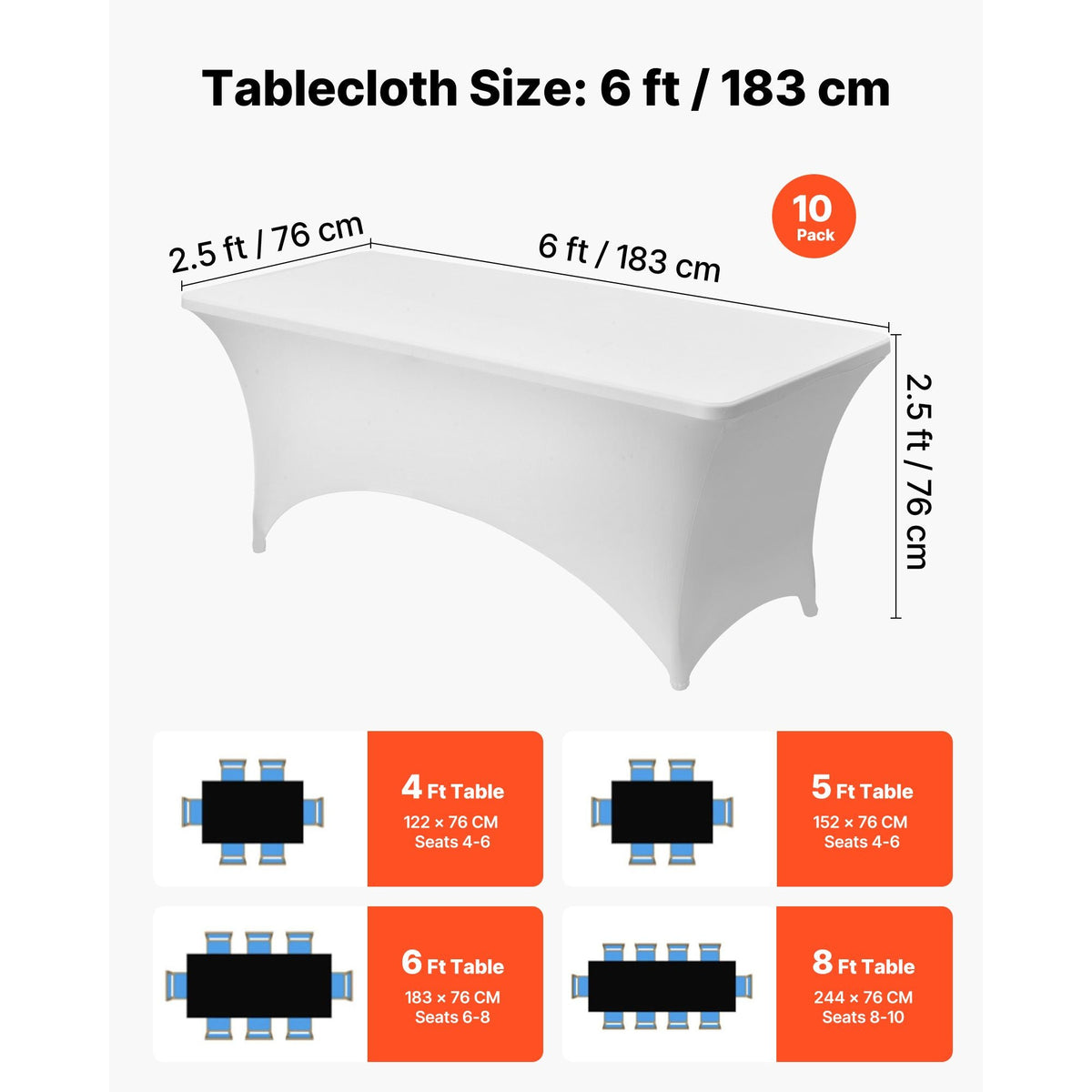10 Pack Table Cloth for 6FT Rectangular Fitted Events, Wrinkle-Resistant Stretch White Table Covers, Washable Spandex Tablecloth Protector, for Party, Wedding, Cocktail, Banquet, Festival