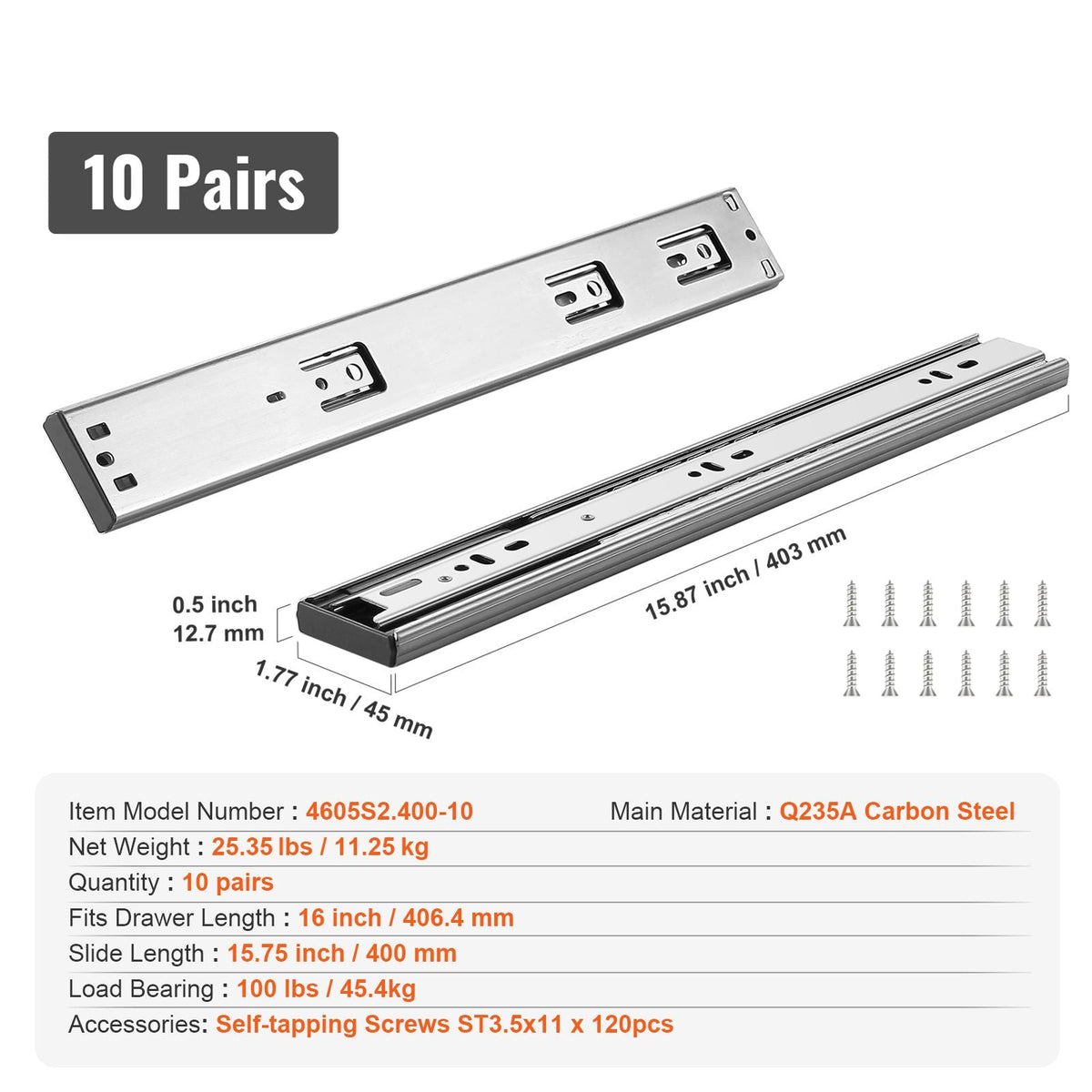 10 Pairs of 16 Inch Drawer Slides Side Mount Rails, Heavy Duty Full Extension Steel Track, Soft-Close Noiseless Guide Glides Cabinet Kitchen Runners with Ball Bearing, 100 Lbs Load Capacity