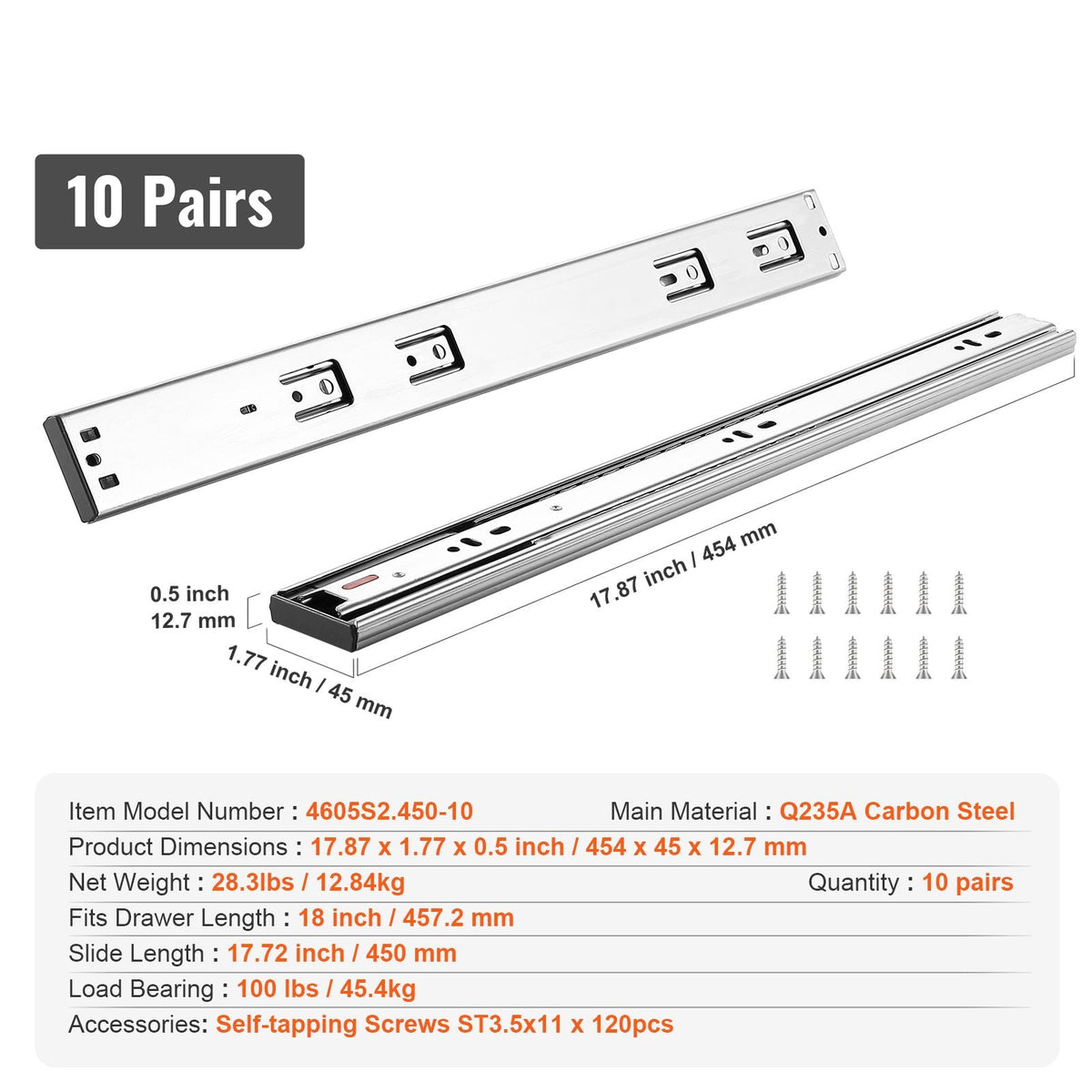 10 Pairs of 18 Inch Drawer Slides Side Mount Rails, Heavy Duty Full Extension Steel Track, Soft-Close Noiseless Guide Glides Cabinet Kitchen Runners with Ball Bearing, 100 Lbs Load Capacity