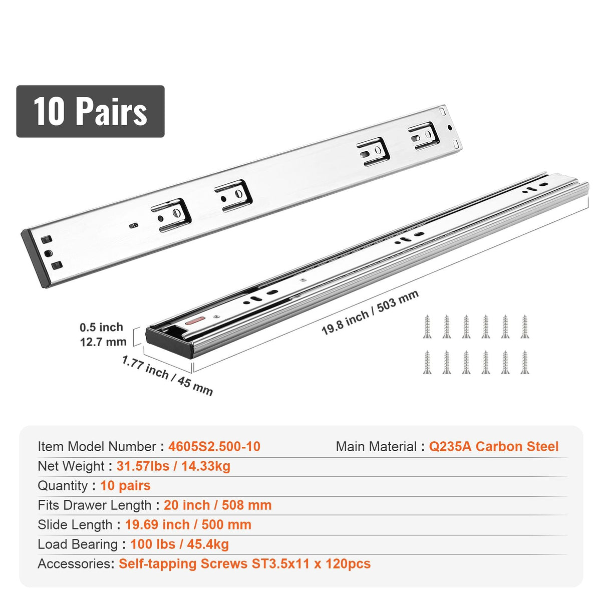 10 Pairs of 20 Inch Drawer Slides Side Mount Rails, Heavy Duty Full Extension Steel Track, Soft-Close Noiseless Guide Glides Cabinet Kitchen Runners with Ball Bearing, 100 Lbs Load Capacity
