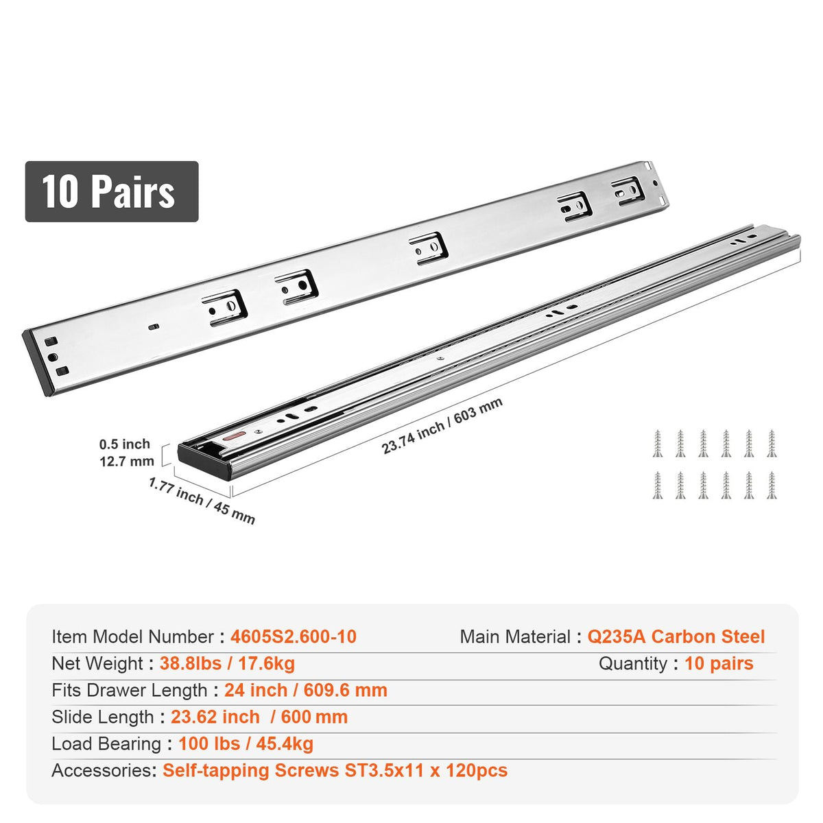 10 Pairs of 24 Inch Drawer Slides Side Mount Rails, Heavy Duty Full Extension Steel Track, Soft-Close Noiseless Guide Glides Cabinet Kitchen Runners with Ball Bearing, 100 Lbs Load Capacity