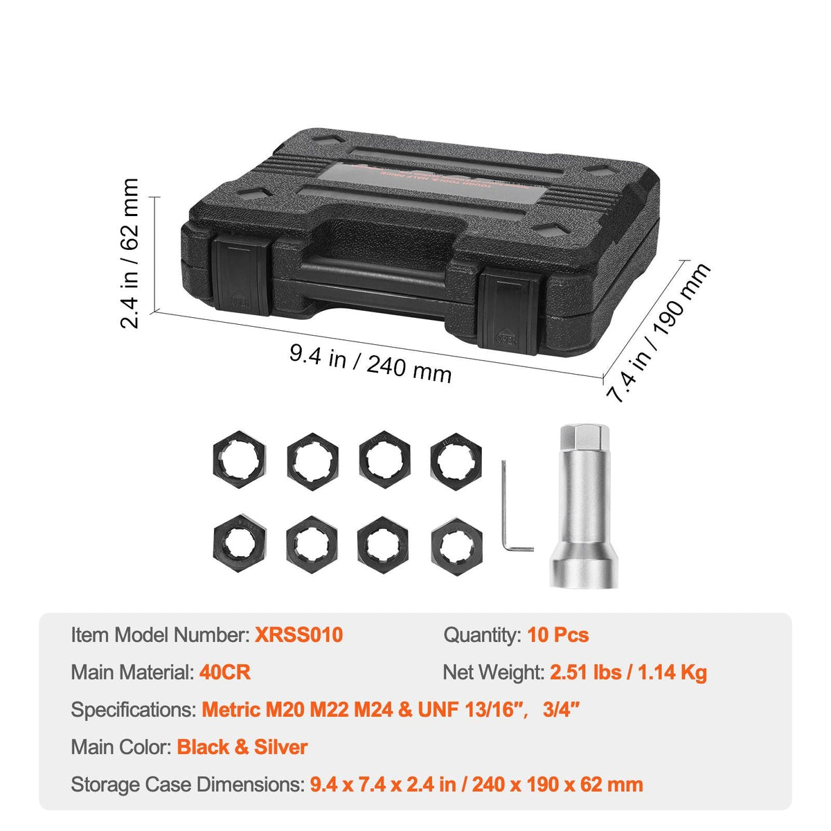 10-Piece Axle Spindle Thread Chaser Set, Metric M20 M22 M24 and UNF 13/16" 3/4" Thread Restorer Tool, Rethreading Tool Kit with Extension Bar, Hex Wrench, Storage Case, for Damaged Axle Spindles