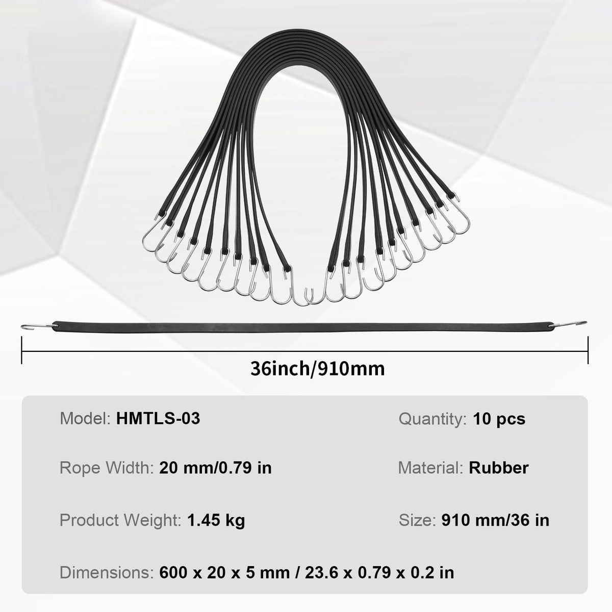 10 Piece Flat Bungee Cord, 20 mm Heavy Duty Bungee Straps with Steel S-Hooks, 36" Elastic Bungee Rope for Cargo, Tarps, Trucks and Tent, Black