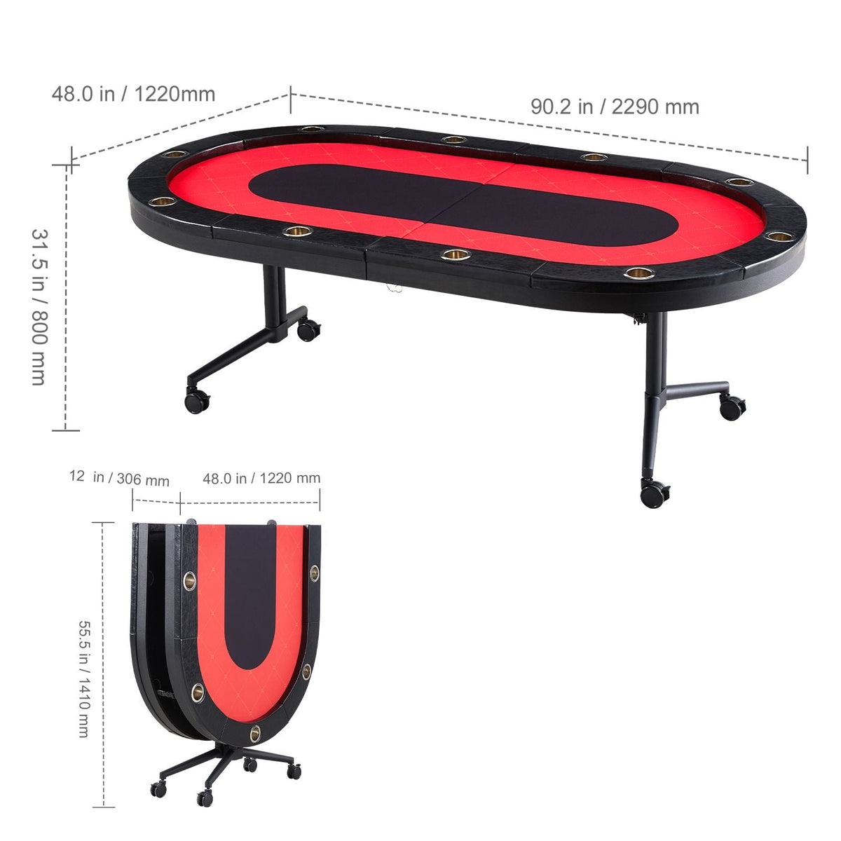 10 Player Foldable Poker Table, Blackjack Texas Holdem Poker Table with Padded Rails and Stainless Steel Cup Holders, Portable Folding Card Board Game Table, 90" Oval Casino Leisure Table