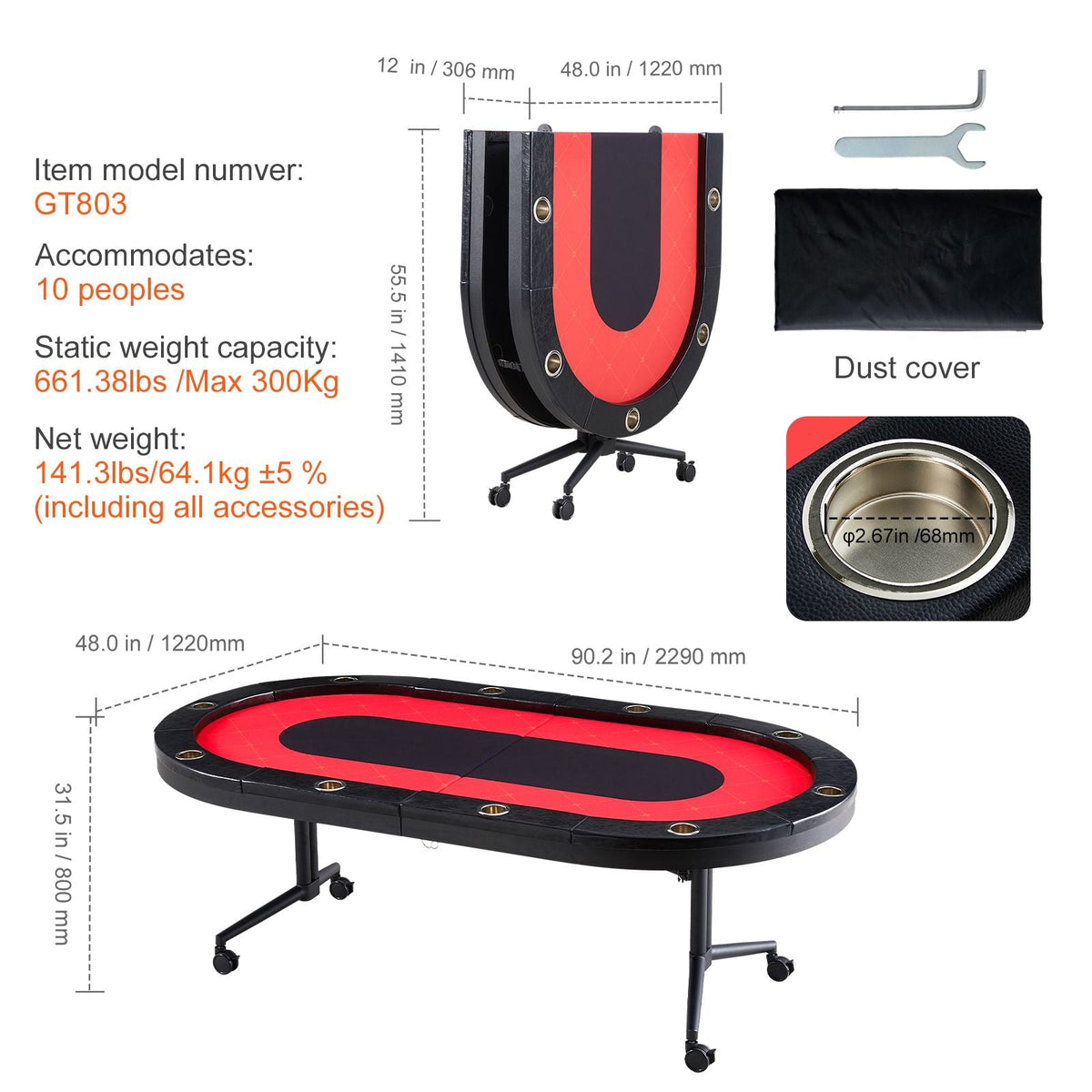 10 Player Foldable Poker Table, Blackjack Texas Holdem Poker Table with Padded Rails and Stainless Steel Cup Holders, Portable Folding Card Board Game Table, 90" Oval Casino Leisure Table