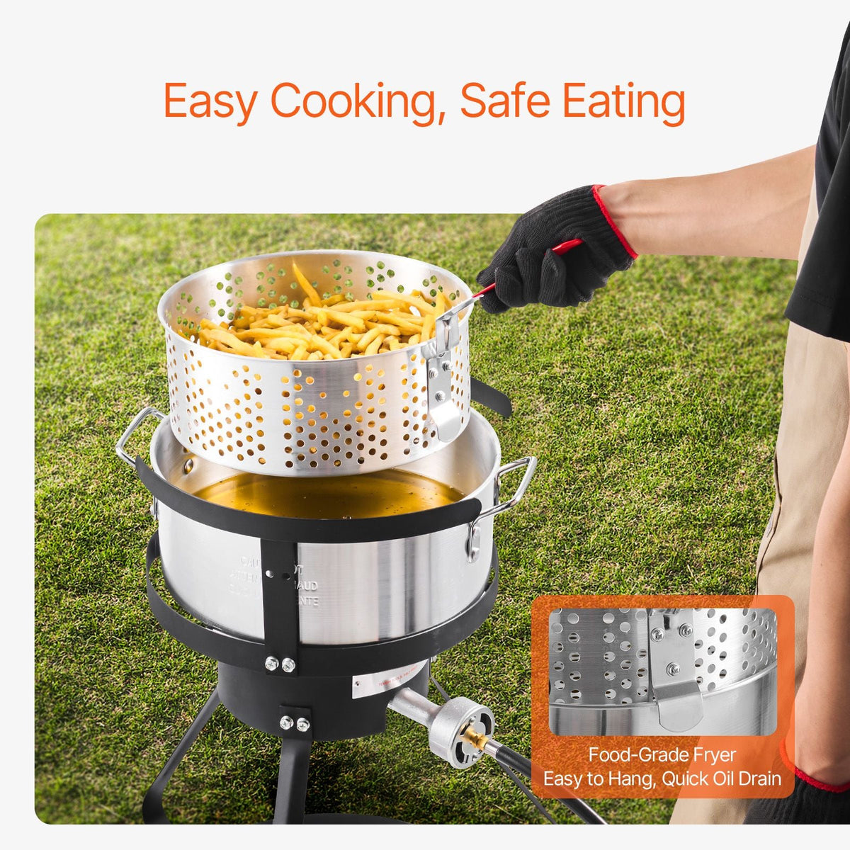 10 Qt Fish and Wing Fryer, Aluminum Propane Fish Fryer Kit, Outdoor Deep Fryer Seafood Pot with Thermometer, Strainer Basket, and 54,000 BTUs Propane Burners, for Outdoor and Backyard Cooking