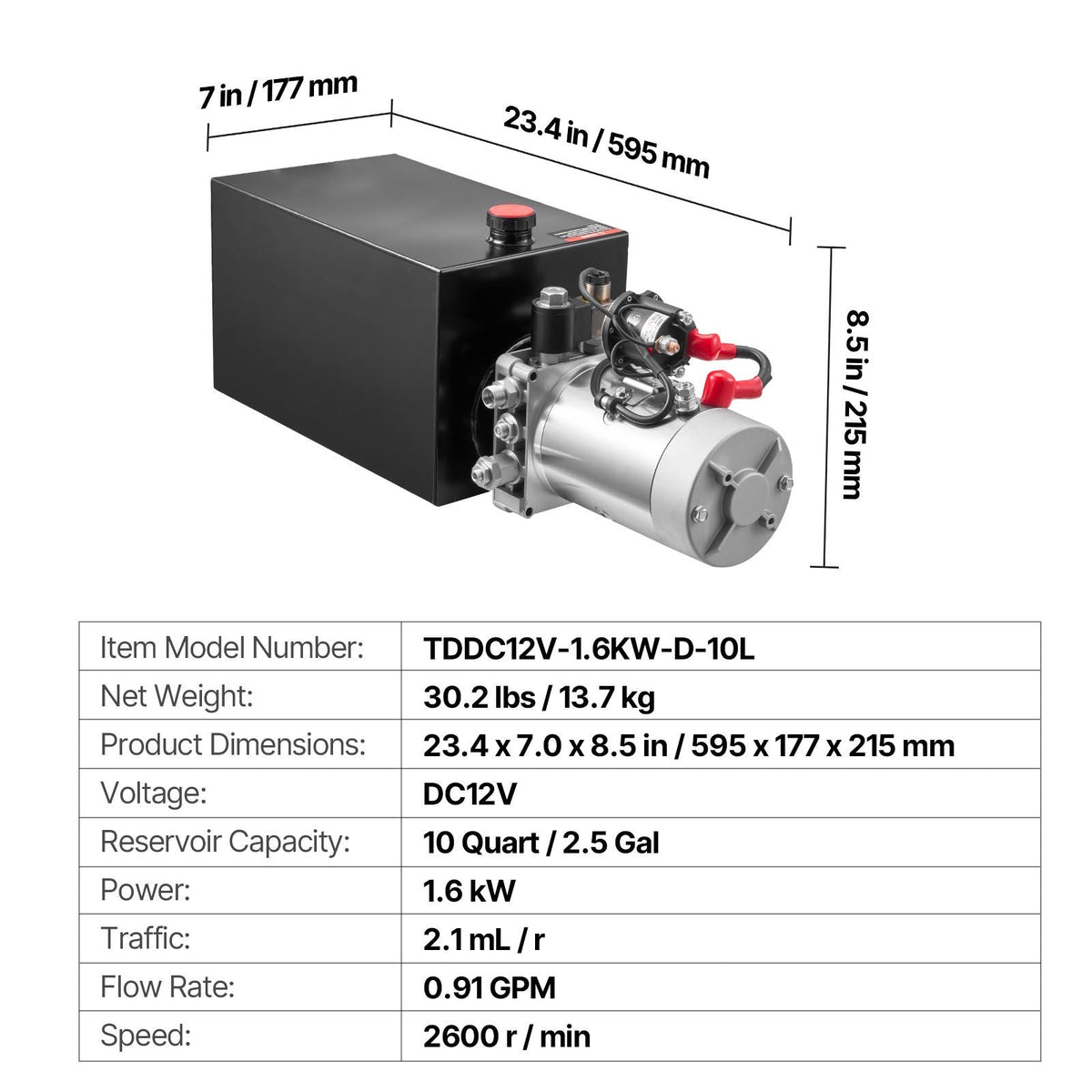 10 Quart Hydraulic Power Unit, Single Acting Dump Trailer Pump, 3200 PSI Max Relief Pressure & 0.91 GPM Flow Rate, DC 12V Hydraulic Pump with Metal Reservoir for Dump Trailer Car Lifting