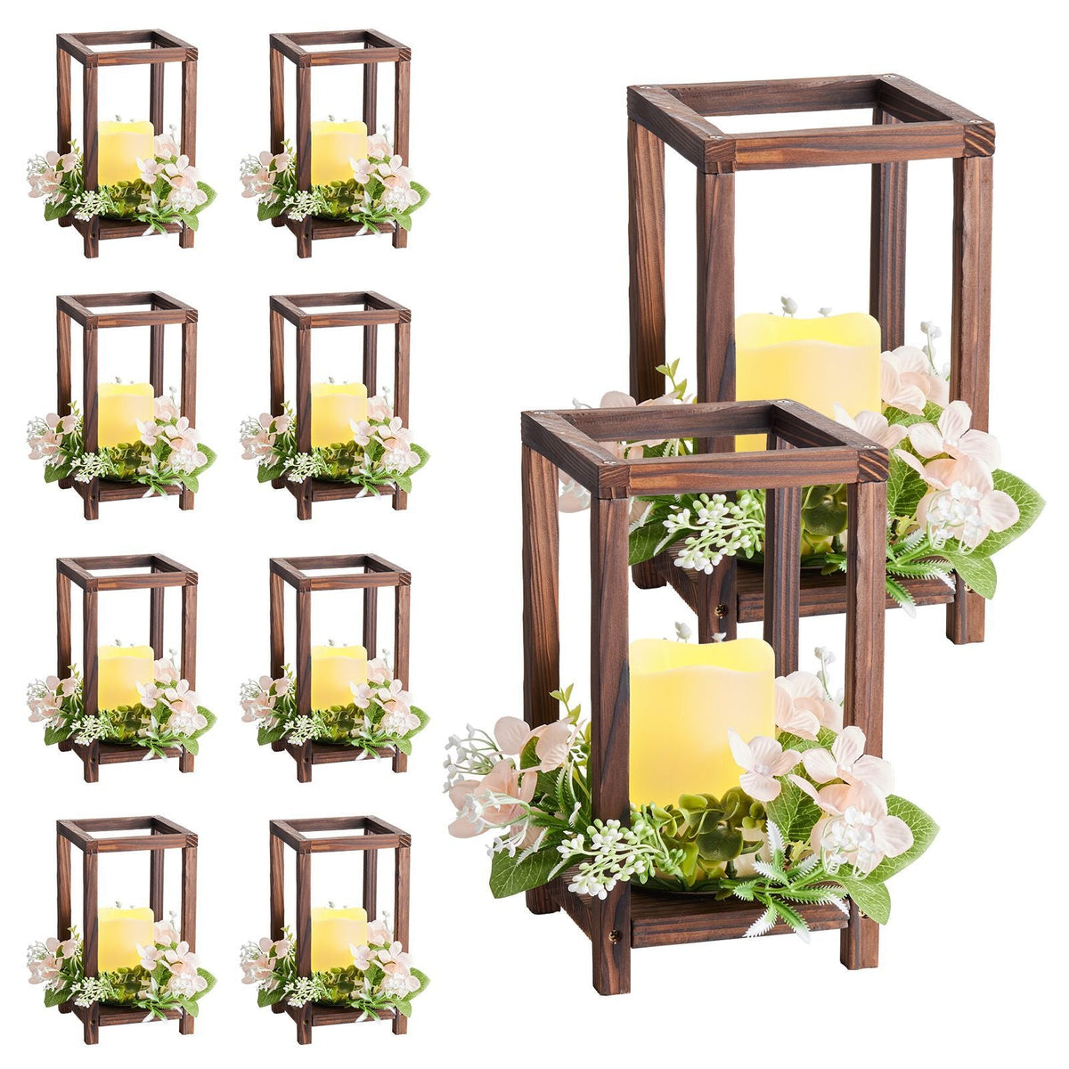 10 Set/30 Pcs Wooden Wedding Lantern Centerpiece, Includes 10 Wooden Lantern Candle Holder 10 Flameless LED Candle 10 Champagne Flower Wreath for Wedding Table Party Farmhouse Decor, Brown