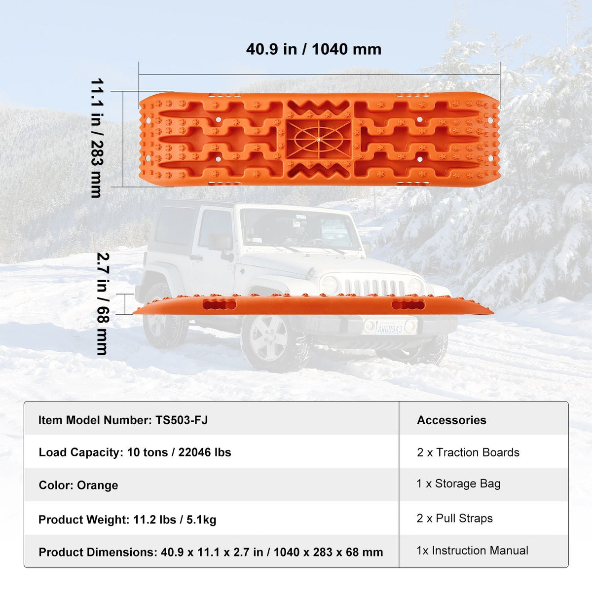 10 TON Traction Boards with PP Material, Recovery Boards for Off-road Vehicles/Cars/Pickups/SUVs/RVs, Pair Tire Traction Mats on Snow, Sand, Mud and Loose Terrain, Storage Bag, Long, Orange
