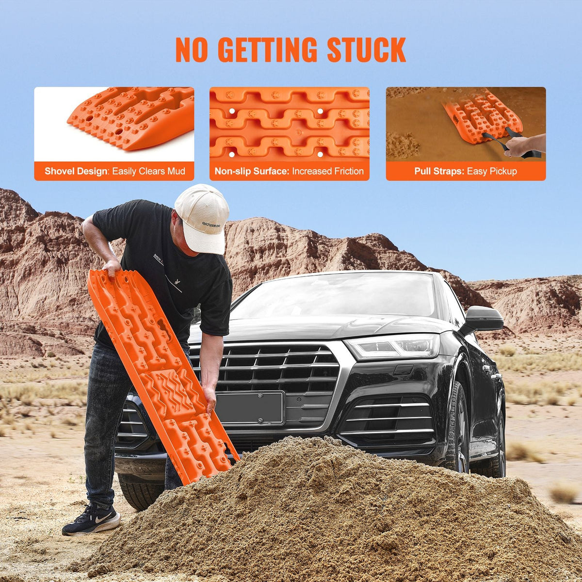 10 TON Traction Boards with PP Material, Recovery Boards for Off-road Vehicles/Cars/Pickups/SUVs/RVs, Pair Tire Traction Mats on Snow, Sand, Mud and Loose Terrain, Storage Bag, Long, Orange