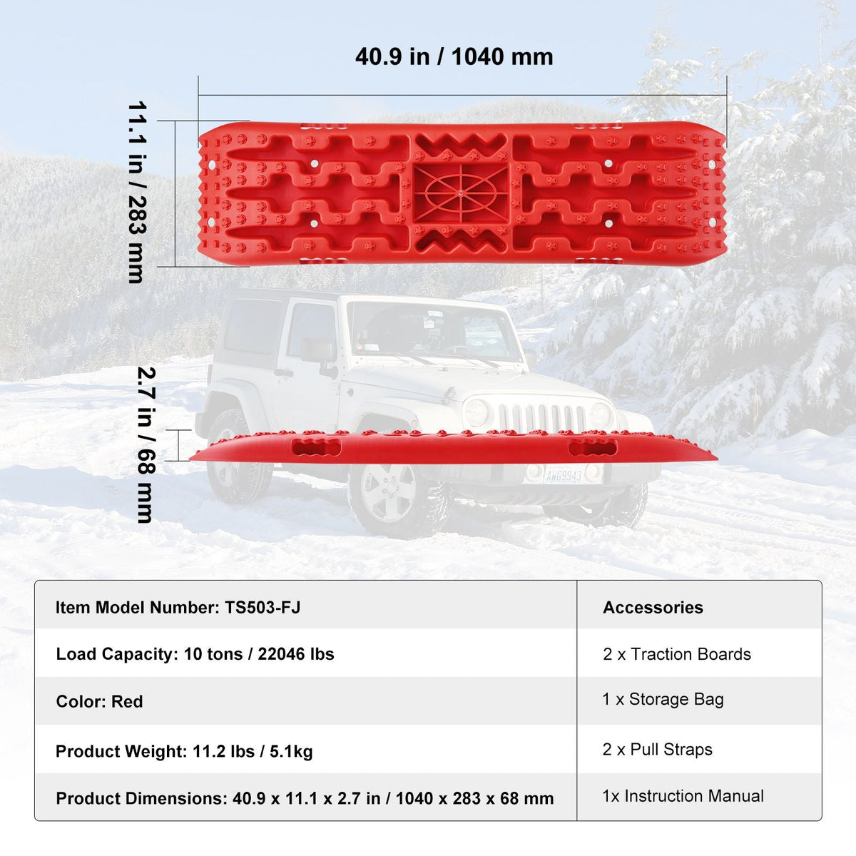10 TON Traction Boards with PP Material, Recovery Boards for Off-road Vehicles/Cars/Pickups/SUVs/RVs, Pair Tire Traction Mats on Snow, Sand, Mud and Loose Terrain, Storage Bag, Long, Red