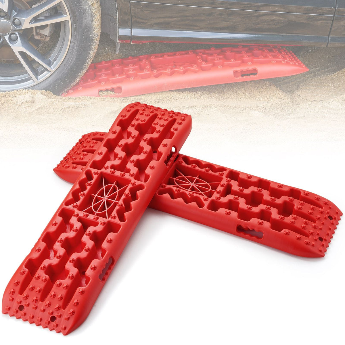 10 TON Traction Boards with PP Material, Recovery Boards for Off-road Vehicles/Cars/Pickups/SUVs/RVs, Pair Tire Traction Mats on Snow, Sand, Mud and Loose Terrain, Storage Bag, Long, Red