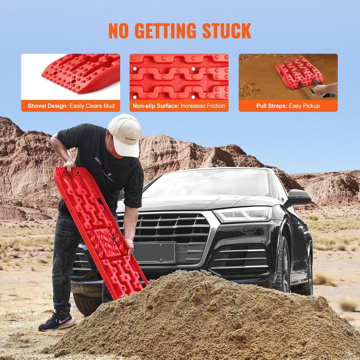 10 TON Traction Boards with PP Material, Recovery Boards for Off-road Vehicles/Cars/Pickups/SUVs/RVs, Pair Tire Traction Mats on Snow, Sand, Mud and Loose Terrain, Storage Bag, Long, Red