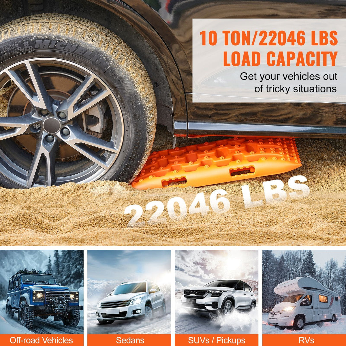 10 TON Traction Boards with PP Material, Recovery Boards for Off-road Vehicles/Cars/Pickups/SUVs/RVs, Pair Tire Traction Mats on Snow, Sand, Mud and Loose Terrain, Storage Bag, Short, Orange