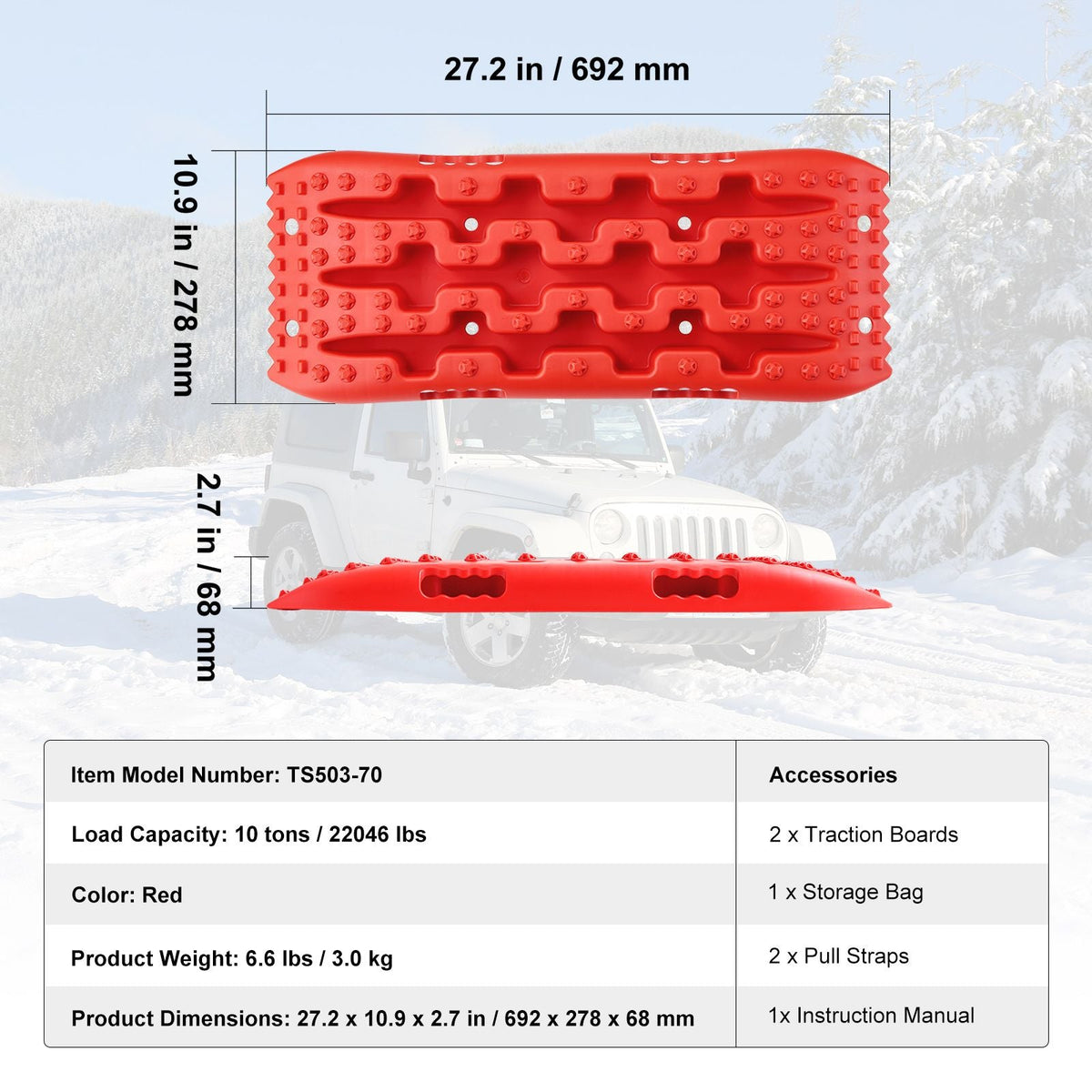 10 TON Traction Boards with PP Material, Recovery Boards for Off-road Vehicles/Cars/Pickups/SUVs/RVs, Pair Tire Traction Mats on Snow, Sand, Mud and Loose Terrain, Storage Bag, Short, Red