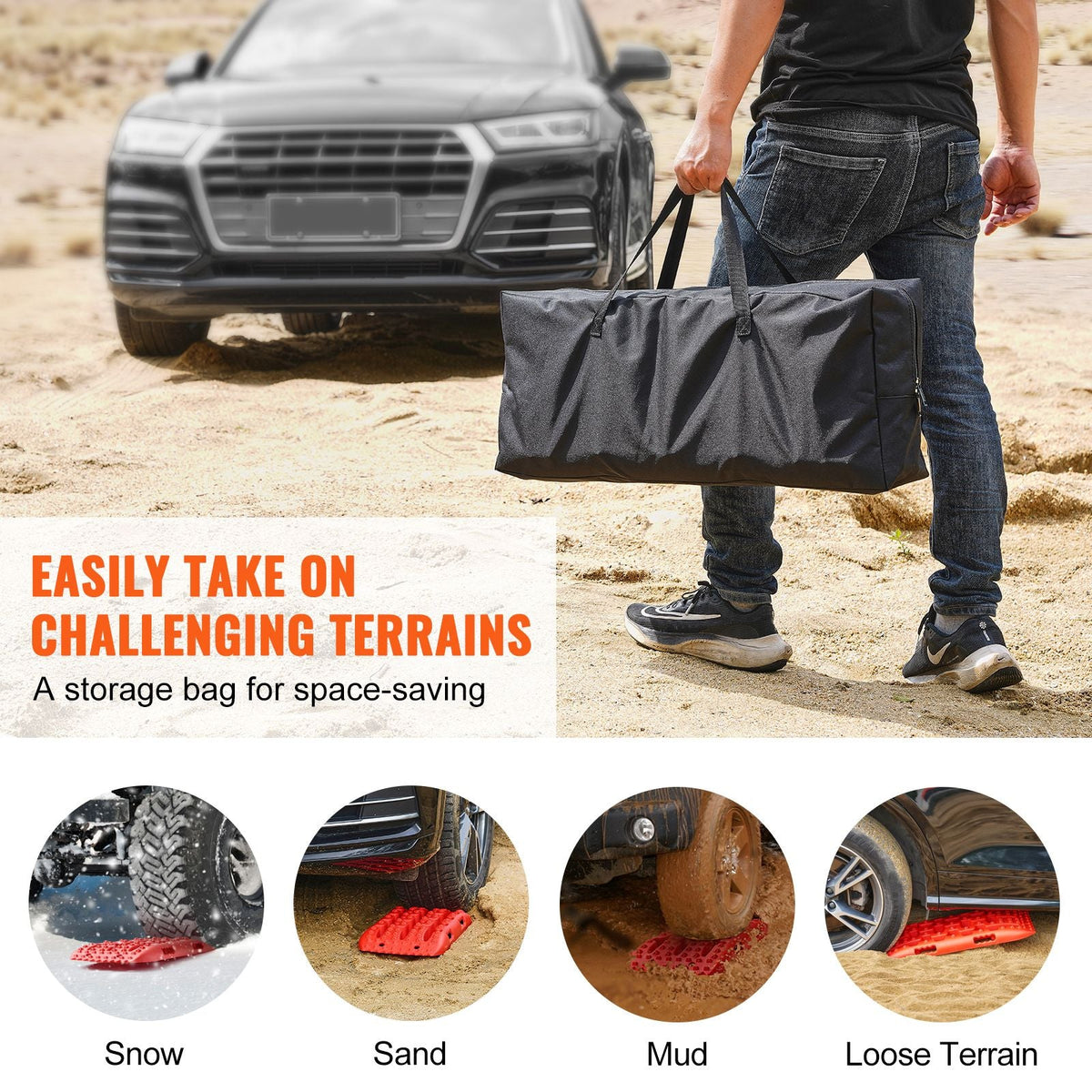 10 TON Traction Boards with PP Material, Recovery Boards for Off-road Vehicles/Cars/Pickups/SUVs/RVs, Pair Tire Traction Mats on Snow, Sand, Mud and Loose Terrain, Storage Bag, Short, Red
