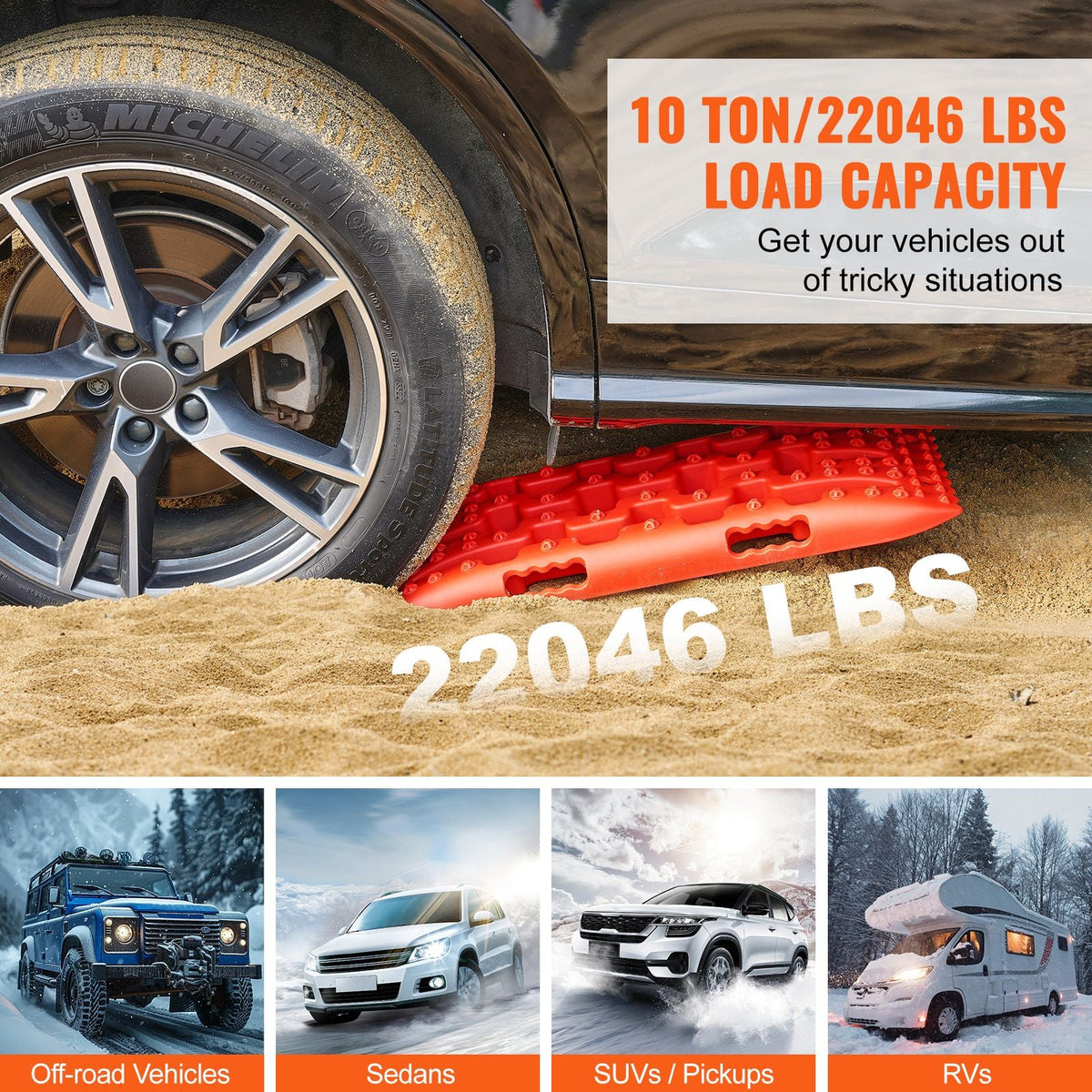 10 TON Traction Boards with PP Material, Recovery Boards for Off-road Vehicles/Cars/Pickups/SUVs/RVs, Pair Tire Traction Mats on Snow, Sand, Mud and Loose Terrain, Storage Bag, Short, Red