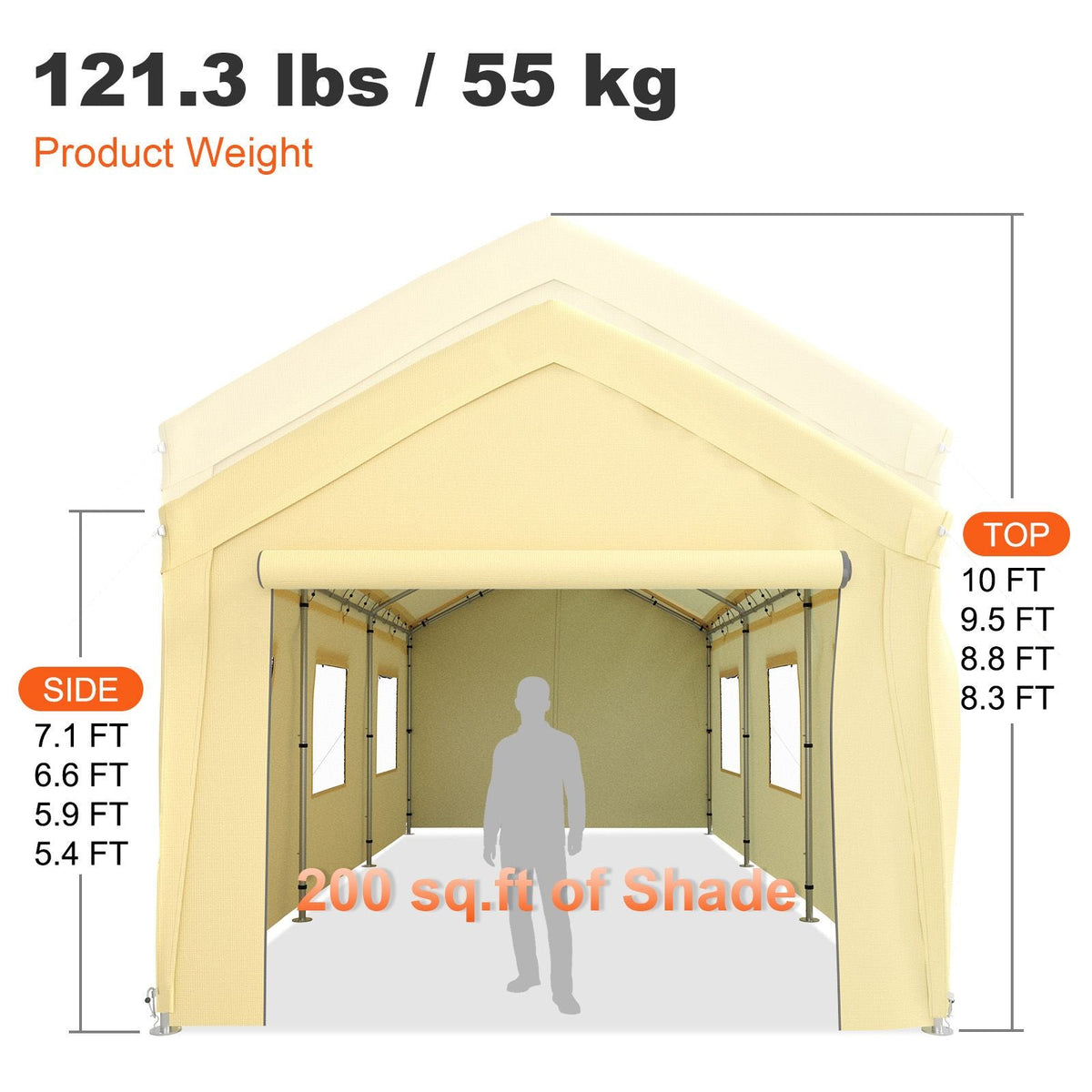 10 x 20 ft Carport Car Canopy, Heavy Duty Garage Shelter with 8 Legs, Removable Sidewalls and Windows, Car Garage Tent for Party, Boat, Adjustable Peak Height from 8.3 ft to 10 ft, Yellow