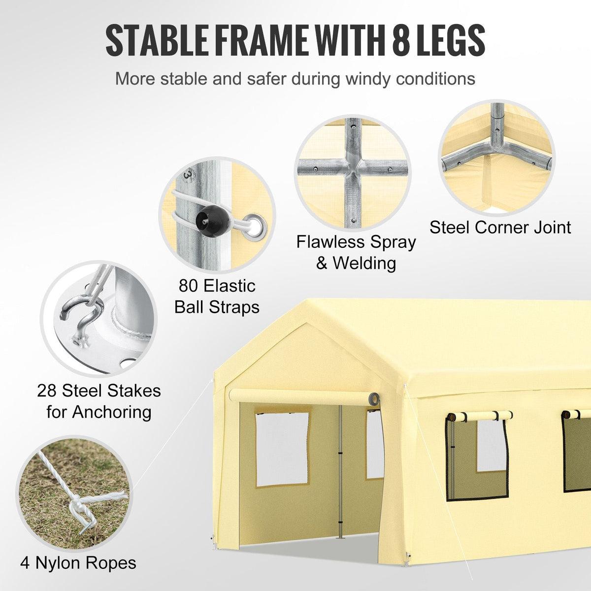 10 x 20 ft Carport Car Canopy, Heavy Duty Garage Shelter with 8 Legs, Removable Sidewalls and Windows, Car Garage Tent for Party, Boat, Adjustable Peak Height from 8.3 ft to 10 ft, Yellow